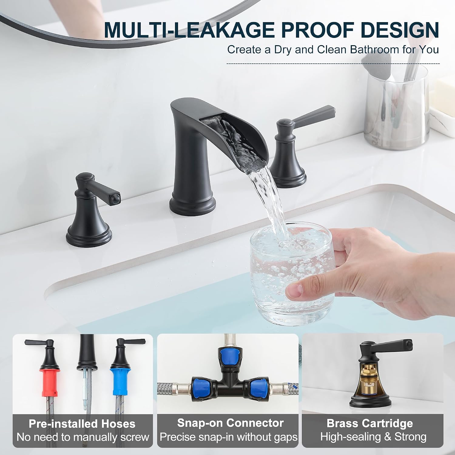 8 Inch Matte Black Bathroom Faucet 3 Hole, Brass Waterfall Bathroom Sink Faucet Widespread 2 Handle with Pop up Drain & Pre-Installed cUPC Supply Lines for Lavatory, 10 Mins Quick Install