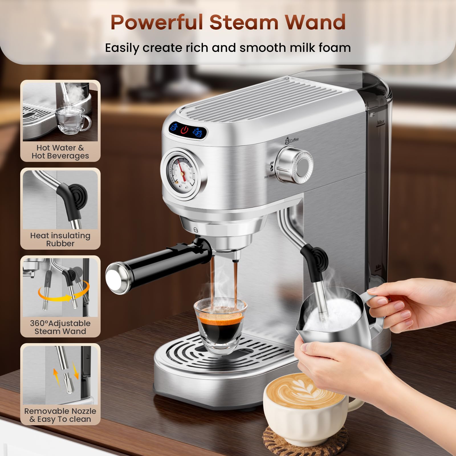 Espresso Machine with Milk Frother, 20 Bar Stainless Steel Coffee Machine, Espresso Maker with 34oz Removable Water Tank for Home, Office, Women or Men - 2