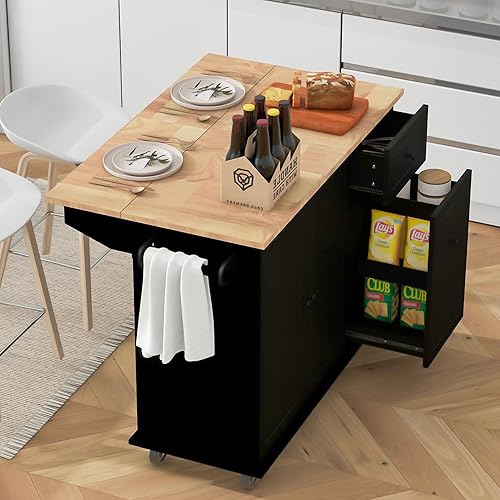 Miniatura 4 de Linique Carrito de isla de cocina con hoja caída, carrito de cocina rodante de 53.9 pulgadas de ancho con estante de almacenamiento interno,