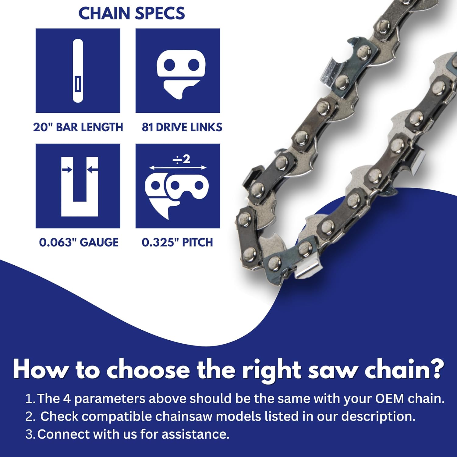 Jeremywell 20 Inch Chainsaw Chain Blade 81 Drive Links, 0.325'' Pitch 0.063'' Gauge Semi Chisel Fits Stihl (3 Pack)