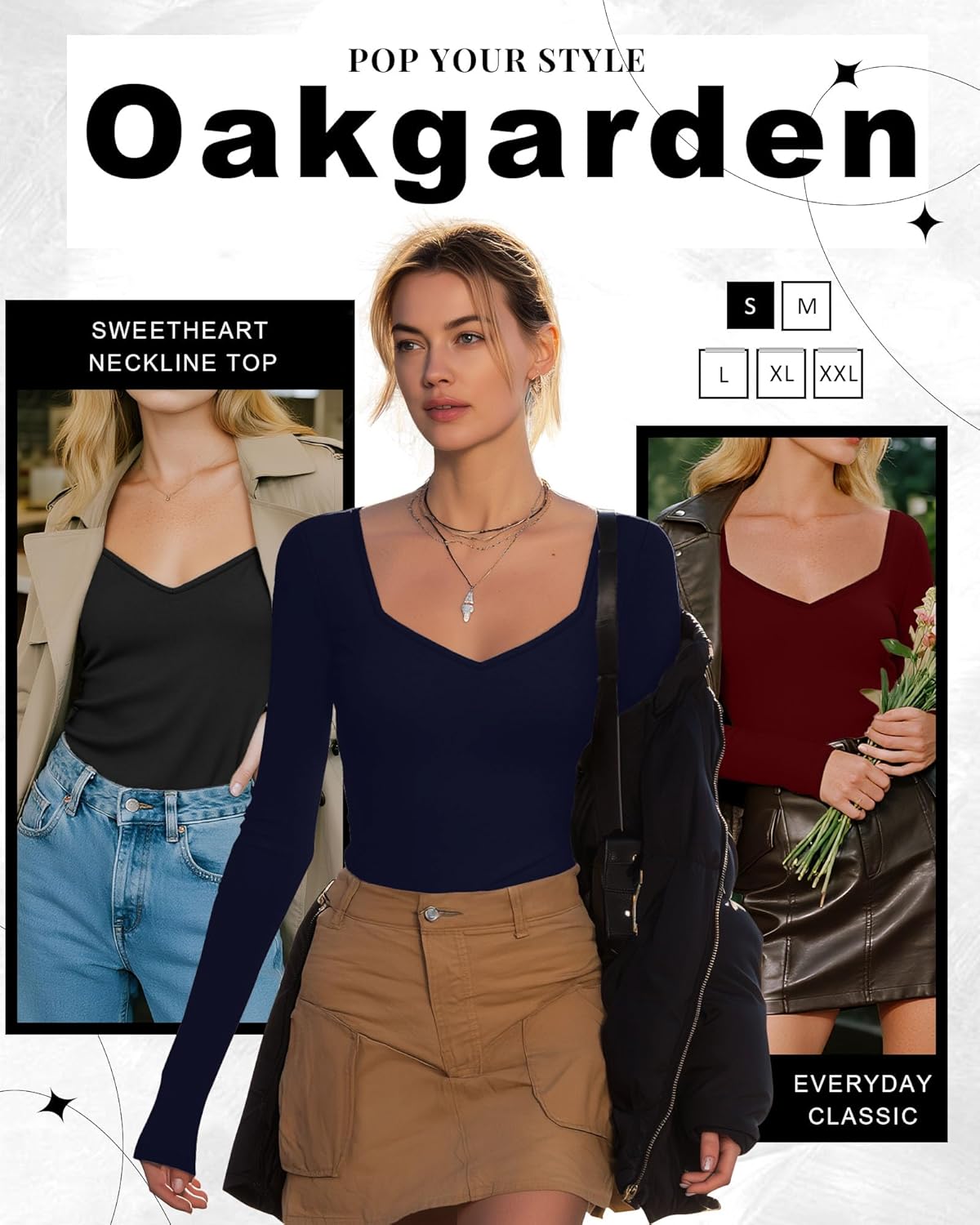 3 Pack Women's Long Sleeve Tops, Sweetheart Neck Knit Basic Shirts Slim Fit Casual Fall Going Out Tee - Image 5