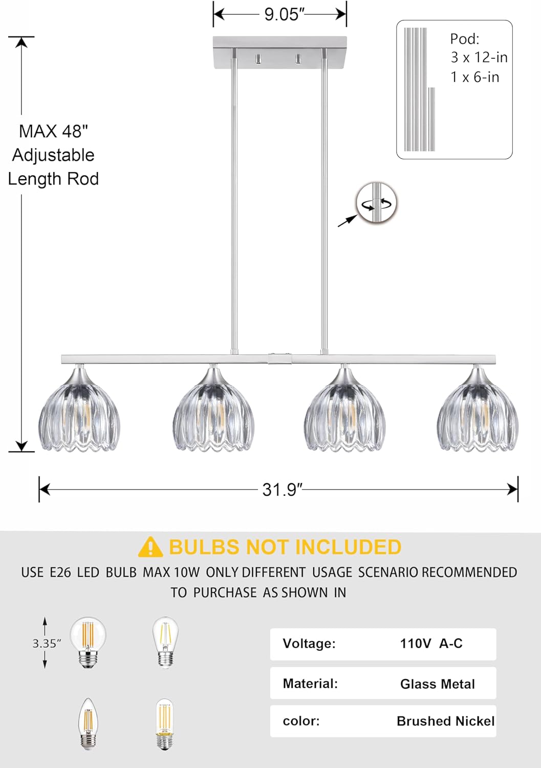 4 Light 32in Kitchen Island Chandelier Modern Pendant Light Ceiling Lighting Fixture,Brushed Nickel Metal Tulip Clear Glass Dining Room Bar Café Living Room
