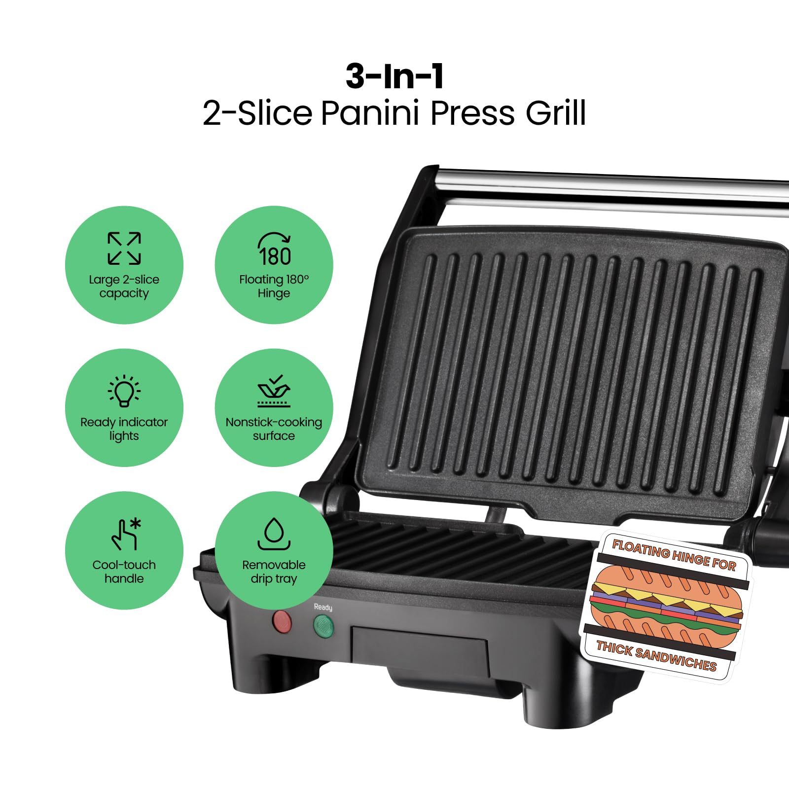 Chefman Electric Panini Press Grill and Gourmet Sandwich Maker w/ Non-Stick Coated Plates, Opens 180 Degrees to Fit Any Type or Size Food, Dishwasher Safe Removable Drip Tray, Stainless Steel/Black