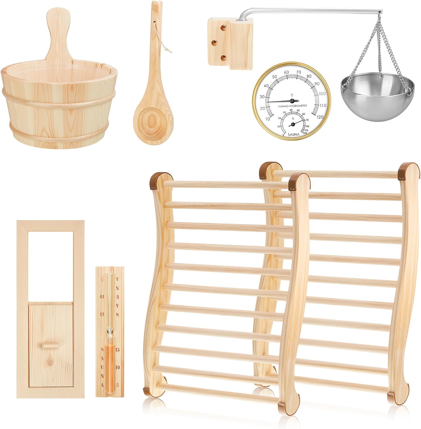 Amazon.com : Uiifan 8 Pcs Sauna Accessories Set, Thermometer and Hygrometer 2 in 1, Wooden ...