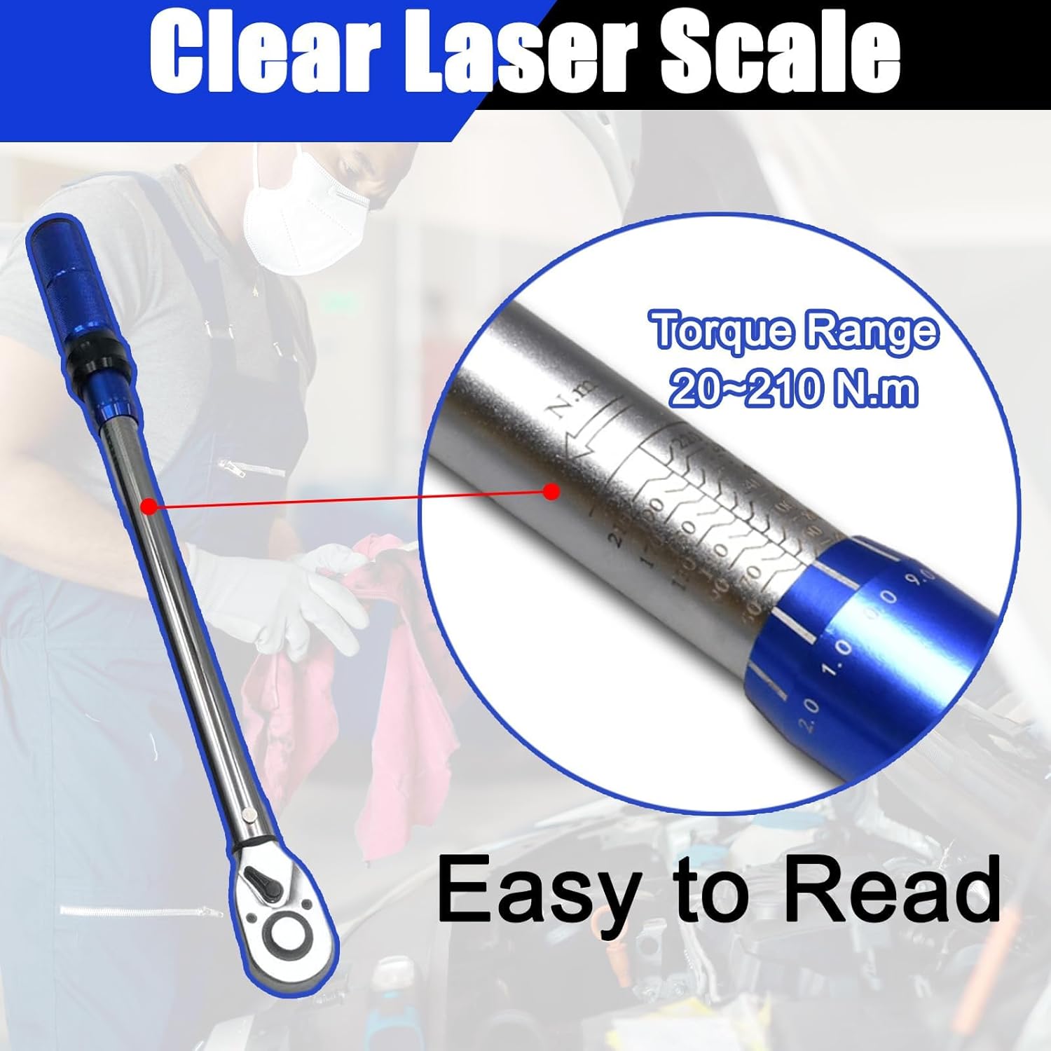 1/2-Inch Drive Click Torque Wrench, 20-210 N.m, 72-Tooth Dual-Direction Adjustable Torque Wrench with ±3% High Precision for Bicycle, Motorcycle, Car and Truck Maintenance