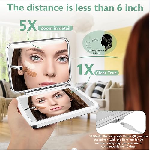 Miniatura 6 de Omobolanle Espejo de maquillaje de viaje con luces, espejo de escritorio con luz, espejo de aumento 5X con soporte, luces de apagado automático,