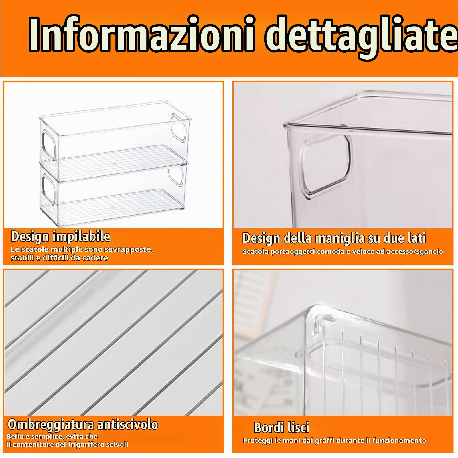 6Pcs Organizer Frigorifero con Maniglia,Organizzatore Cucina per Snack & Lattine, Set Contenitori Trasparente Impilabili per Frigo,Bagno,Dispensa Armadietti,Cassetti Frigoriferi,Ripiani (2 Dimensioni)