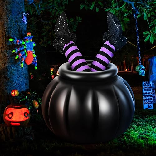 Jenaai Caldero inflable de plástico para Halloween con patas de brujas, enfriador de bebidas grandes, caldero de dulces, decoración de bruja de