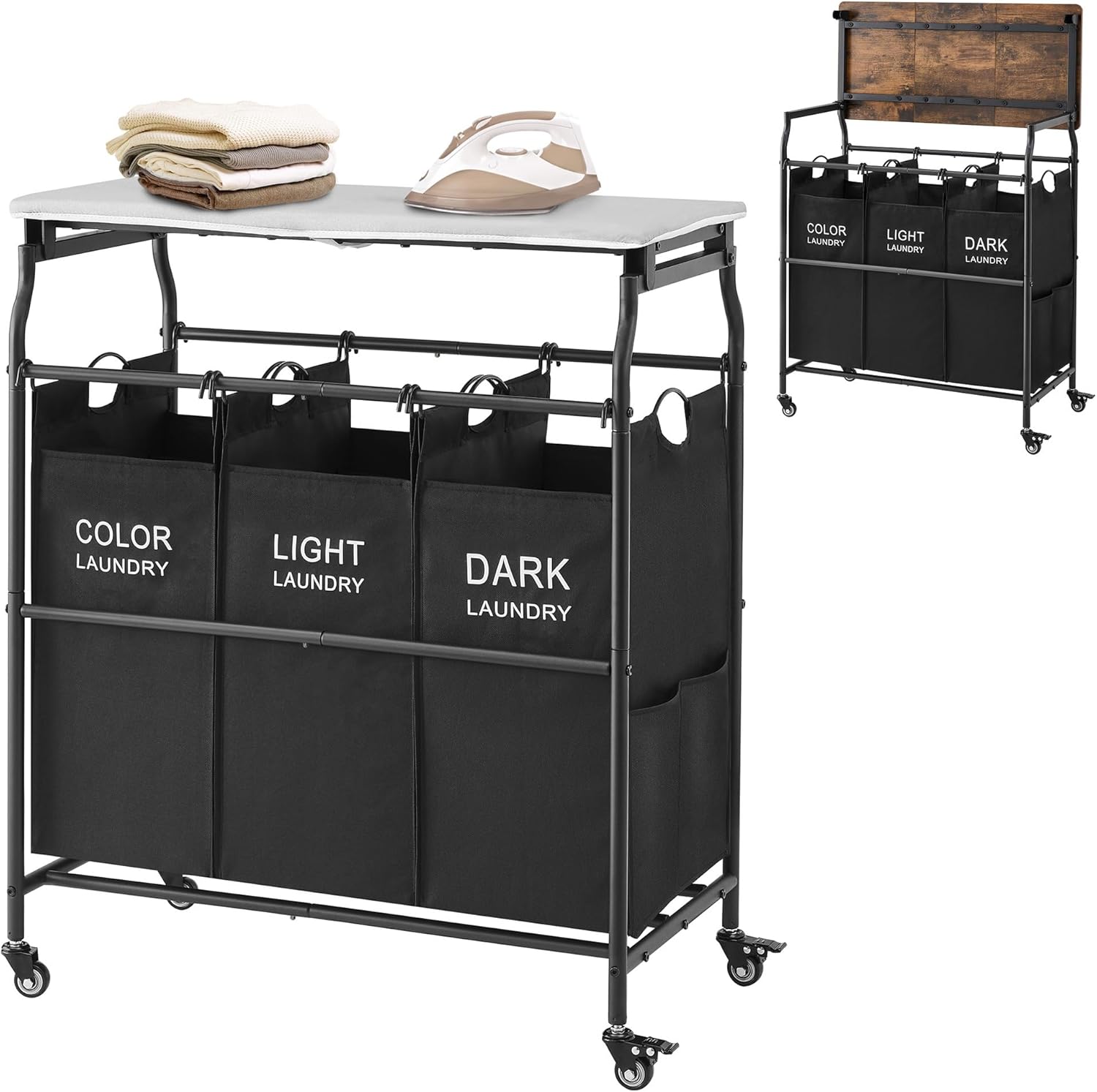 Hoctieon 3 Section Laundry Sorter Cart with Ironing Board, Laundry Hamper with Shelf and Rolling Wheels, Heavy Duty Laundry Basket Organizer, Large Clothes Separator Hamper with Removable Bags, Black