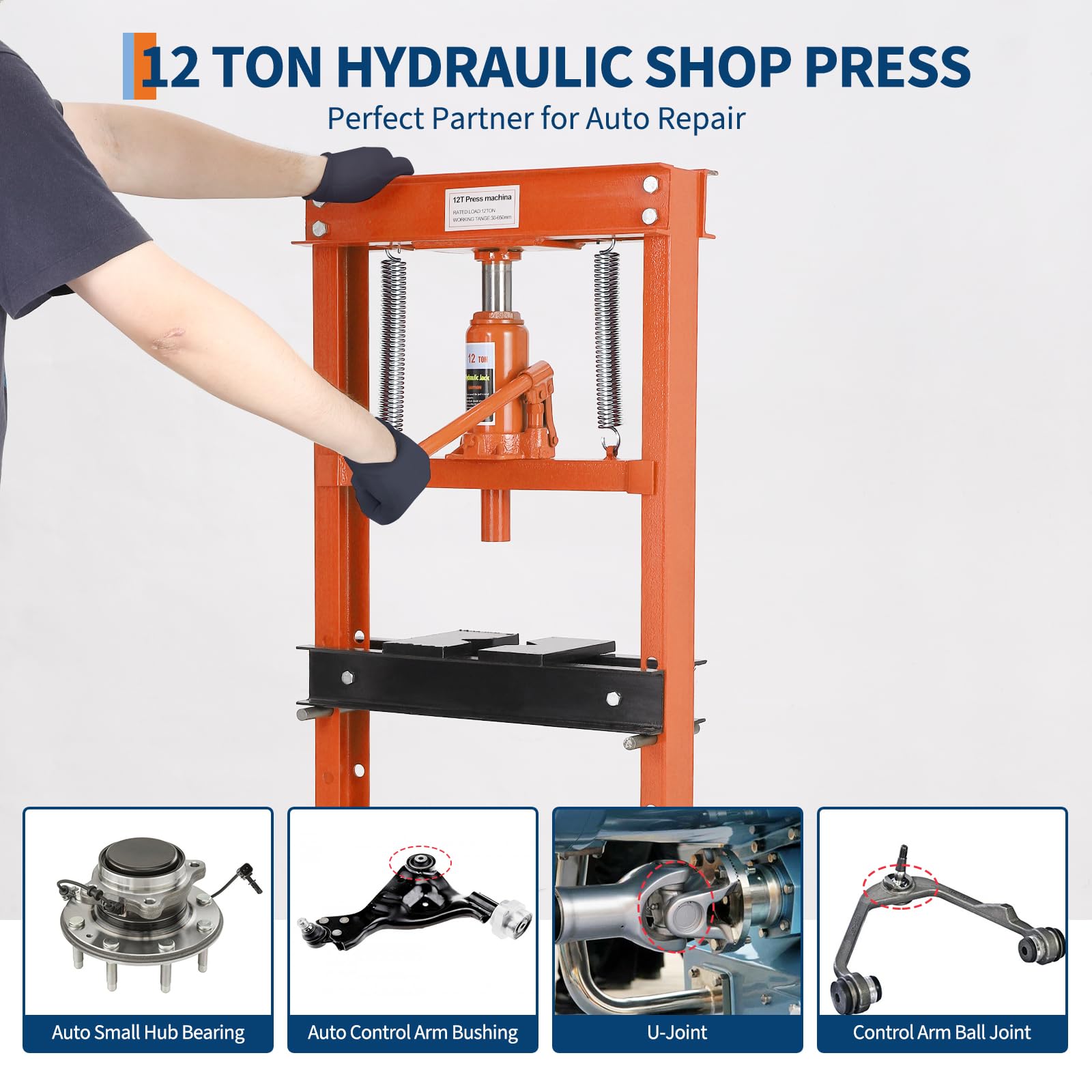 12 T Hydraulic Shop Press - H-Frame Benchtop Design w/ 2 Press Plates & Height Adjustment for Garage Workshops, Blue - 3