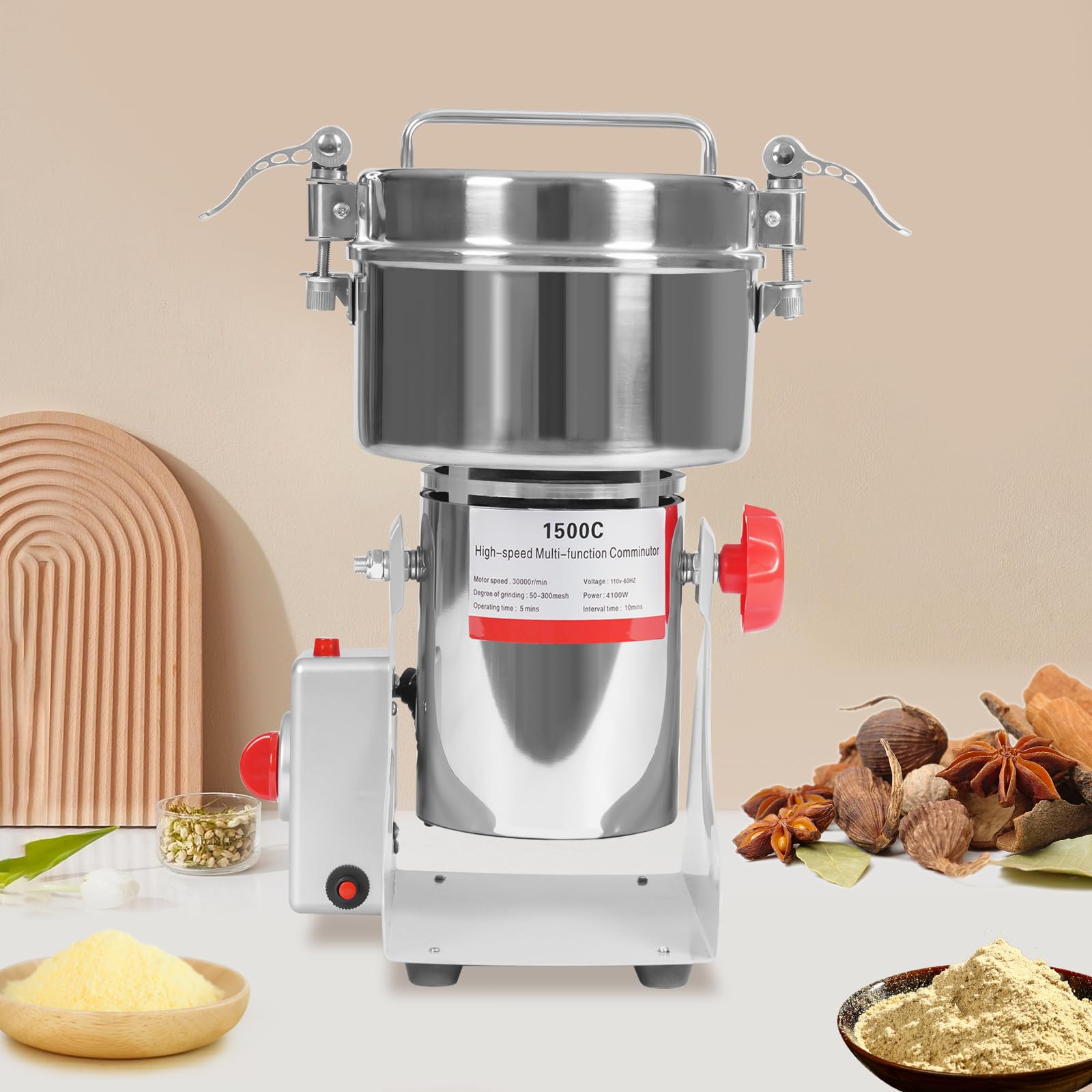 Grain Mill Grinder 1500g Electric Stainless Steel Grain Grinder 4100W High-Speed Pulverizer Grinding Machine for Peanuts Walnuts Pepper, 110V 60HZ