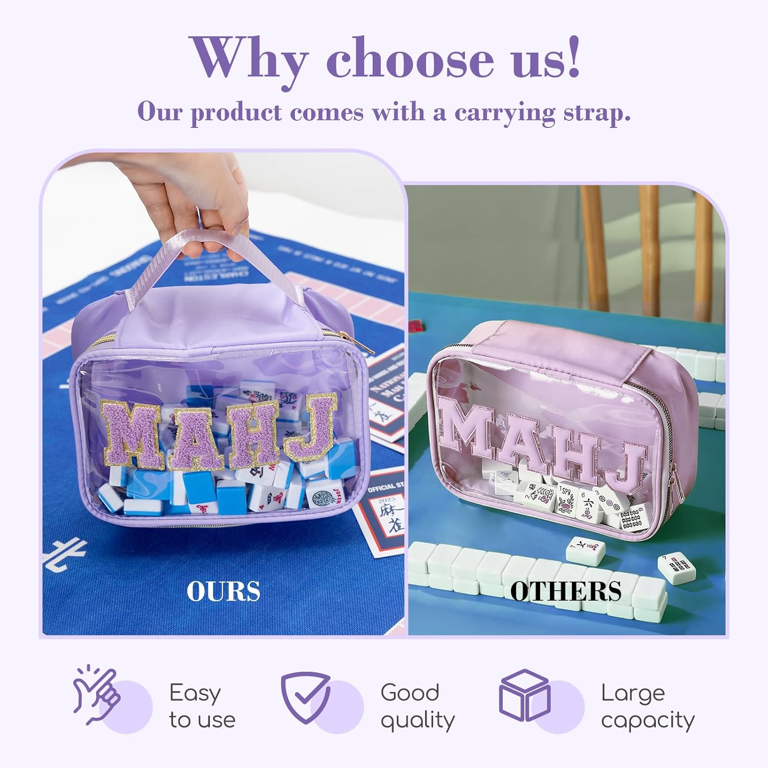 Empty American Mahjong Tile Storage Bag, Clear PVC Mahjong Travel Case with Handle and Zipper, Fits 166 Tiles, Case Only, Includes 4 Instruction Sheets (Purple)
