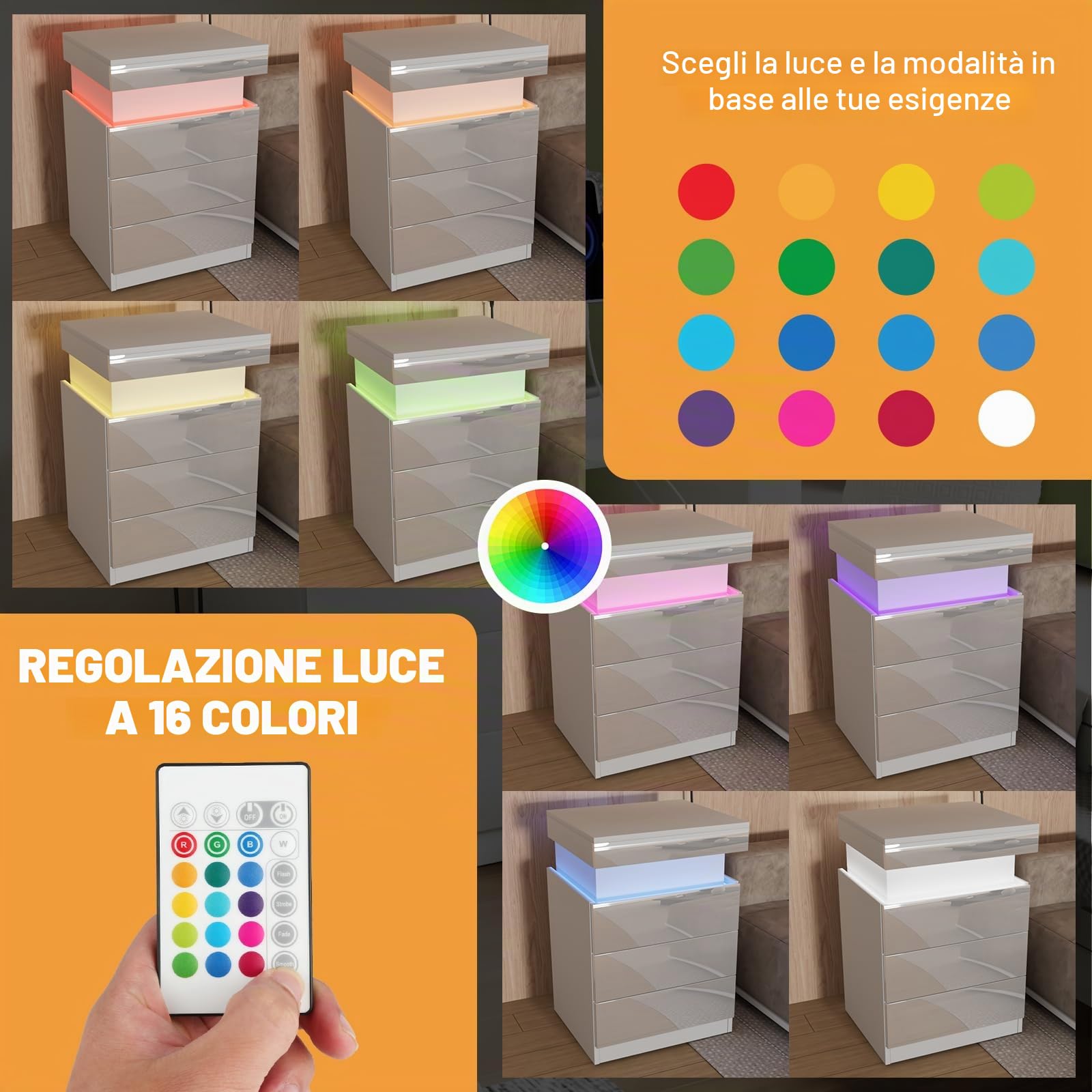 Comodino Bianco con Illuminazione LED,Comodini Camera da Letto Moderno con Presa,Comodino lucido 16 Colori Regolabile,Comodini Soggiorno, Camera da Letto con 3 Cassetti e USB,45x40x67 cm