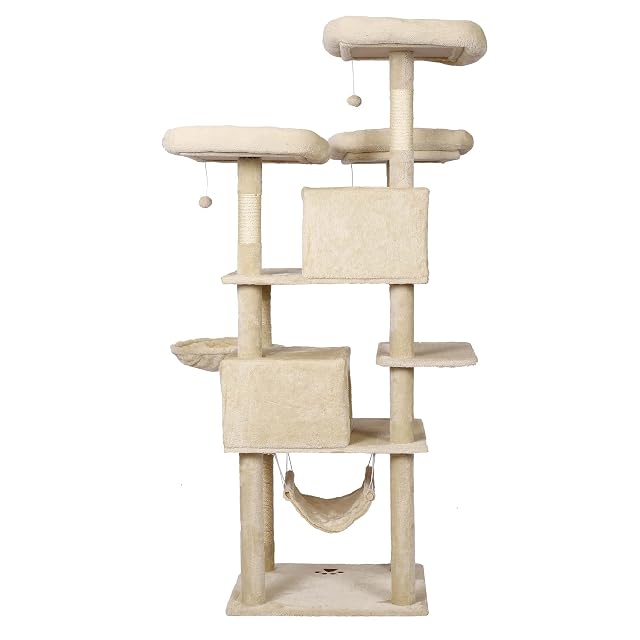 Foto 3 de 8 de Árbol rascador Beige 172 cm diseñado con Huella de Gato Postes, hamacas, Cuevas y Bolas de Juego