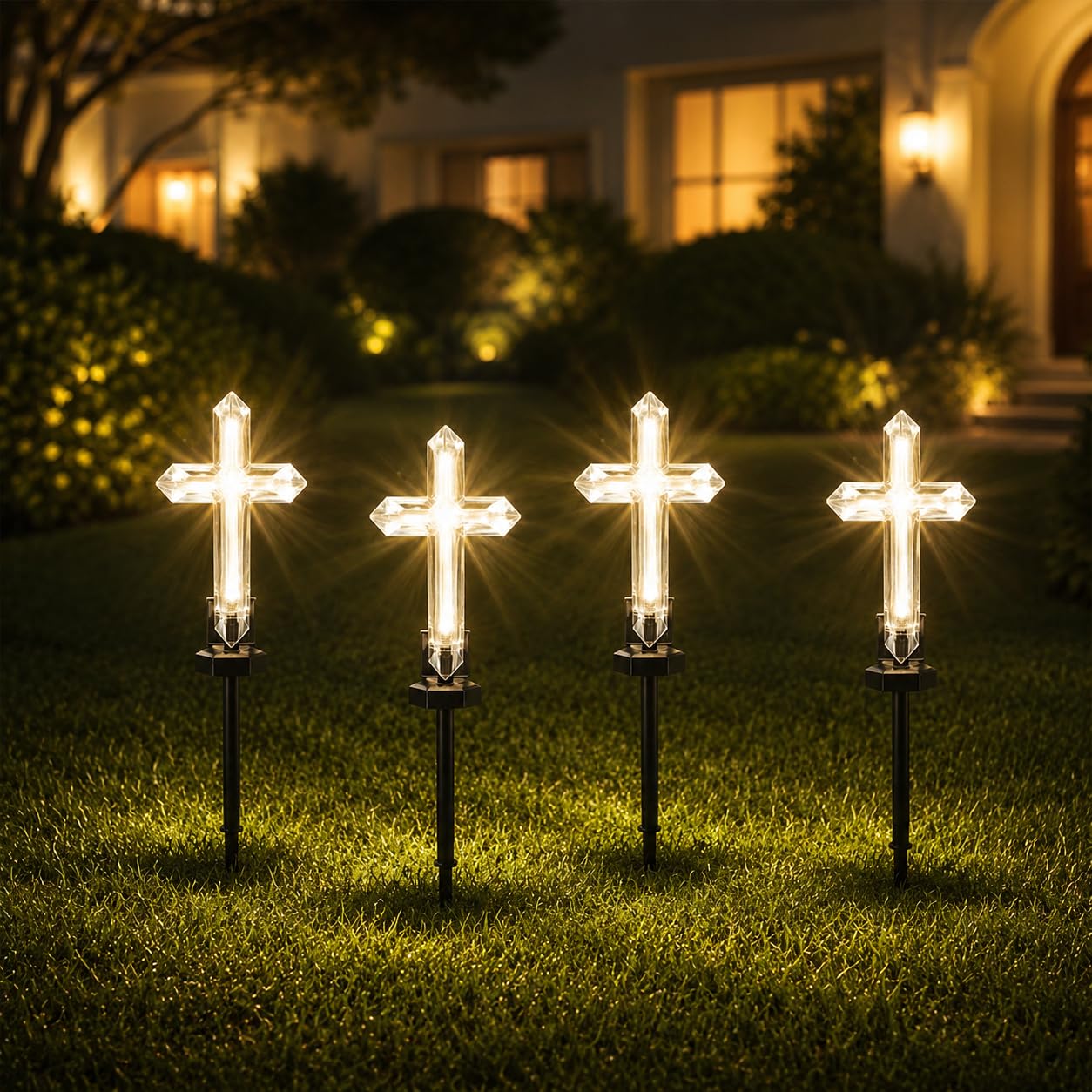 4 Pack Solar Cross Garden Stake Lights for Cemetery Grave, Warm White/7 Color Changing LED Pathway Light,19 inch Outdoor Waterproof Solar Crosses for Lawn Garden Yard & Memorial Decoration (Warm)