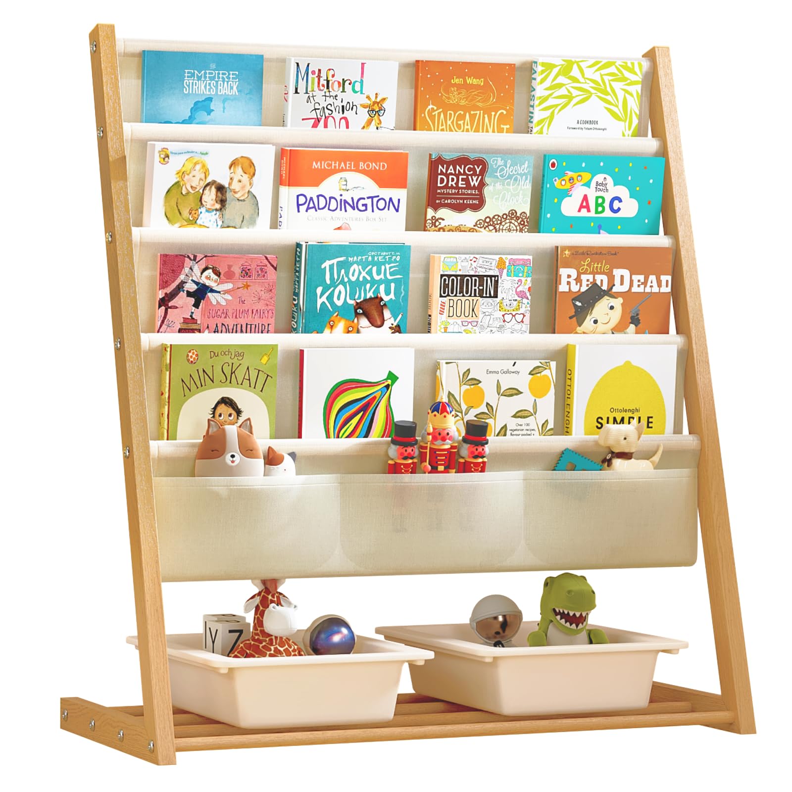 Uptyia Libreria Infantil,Estanteria Libros Infantil con 4 Estanterías,Cesta de Almacenaje,Grano de Madera,69 * 33 * 78cm