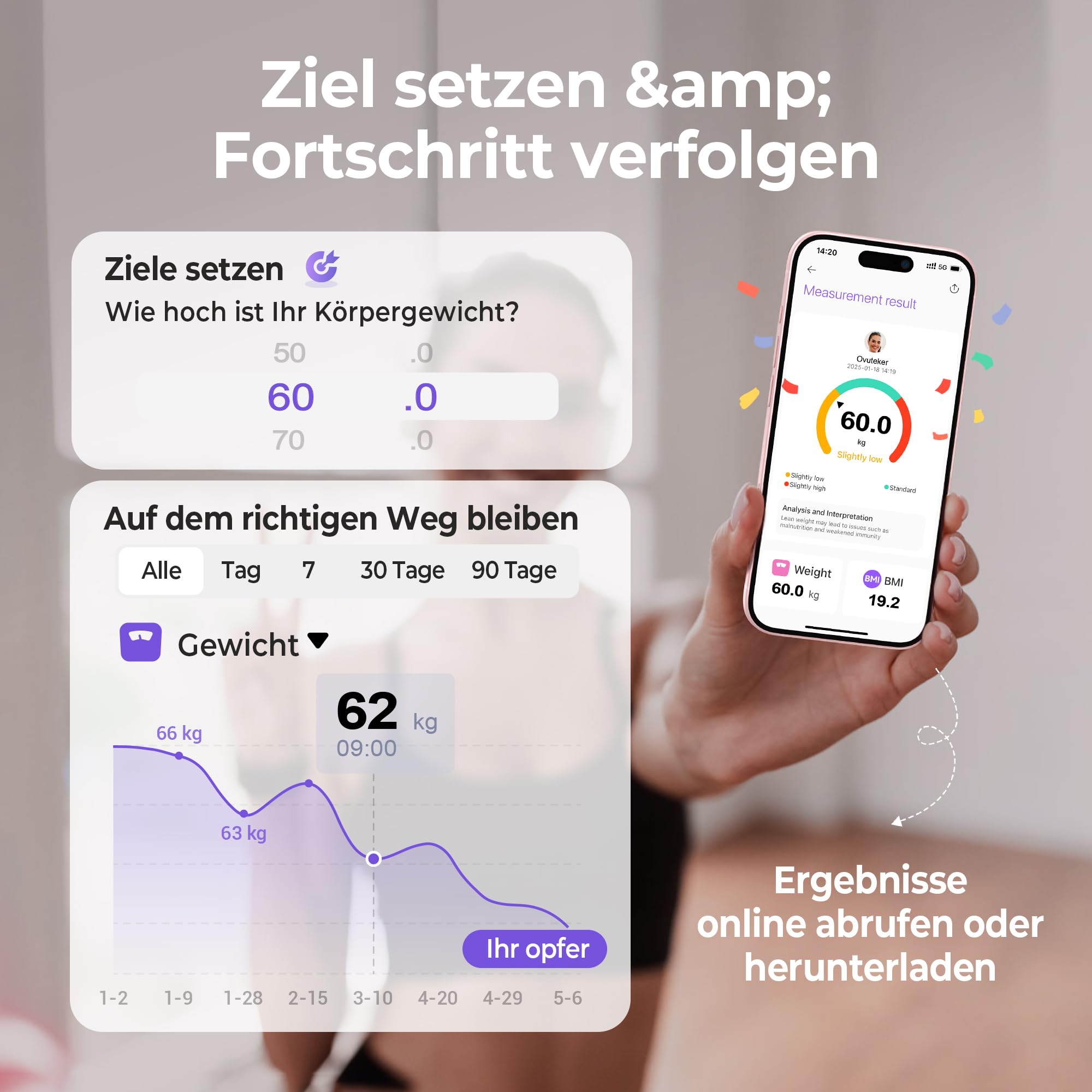 Ovutek Personenwaage Körperfettwaage für Körperfett, Körperwaage Digital mit Frei Smartphone-App BMI-Waage Genaue 14 Körperzusammensetzung, Rosa Waage Personen 180kg