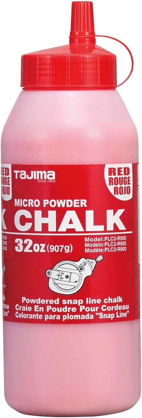 TajimaMicro Chalk - Red 32 oz (907g) Ultra-Fine Snap-Line Chalk with Durable Bottle & Easy-Fill Nozzle - PLC2-R900