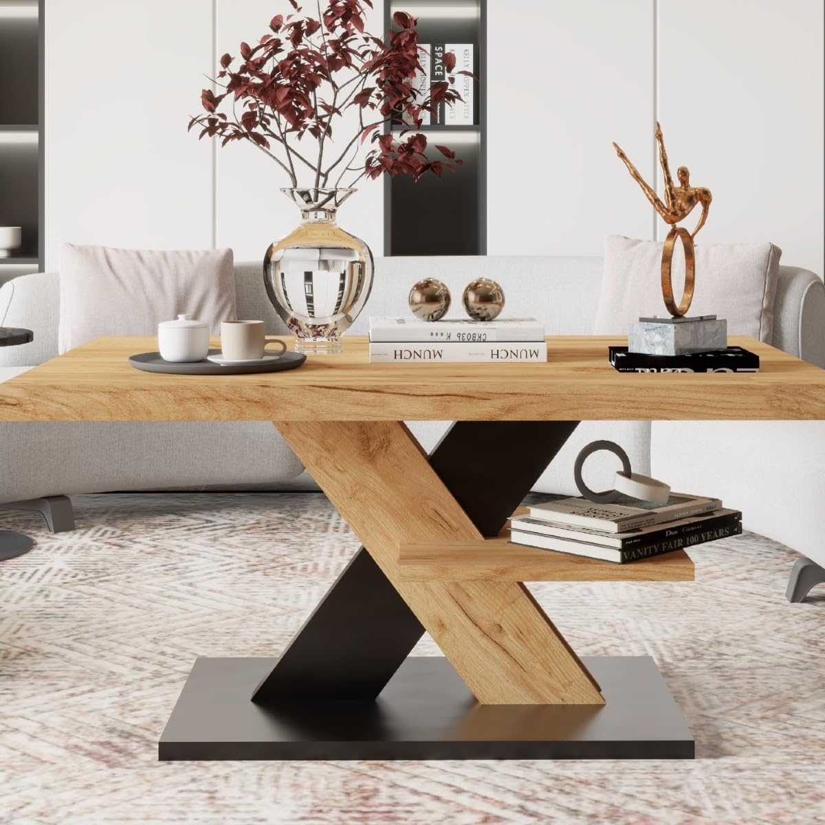 Viosimc Couchtisch, Moderner Wohnzimmertisch, Modern Möbel Wohnzimmer, Kaffeetisch, Sofatisch mit Großer Ablage, Beistelltisch für Tee und Kaffee – Coffee Table for Living Room - Eiche & Schwarz