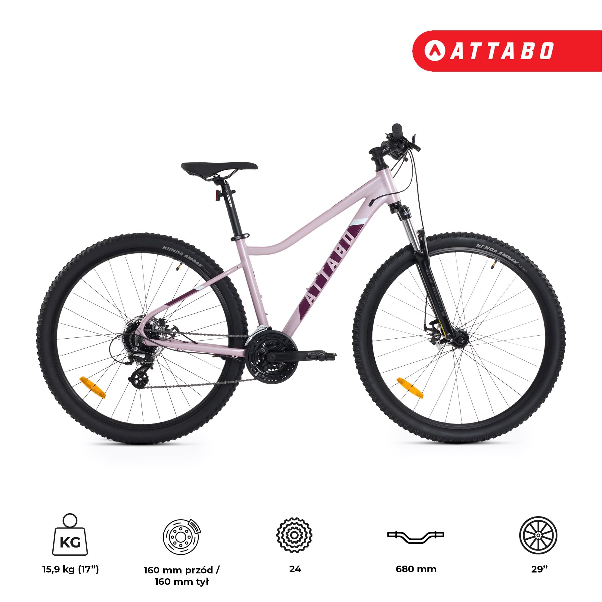 ATTABO Alpe 2.0 – damski rower górski z aluminiową ramą, widelec SR Suntour XCE, napęd Shimano 3 x 8 (24 biegi), hamulce tarczowe TEKTRO, z akcesoriami (klucze, dzwonek, reflektory)