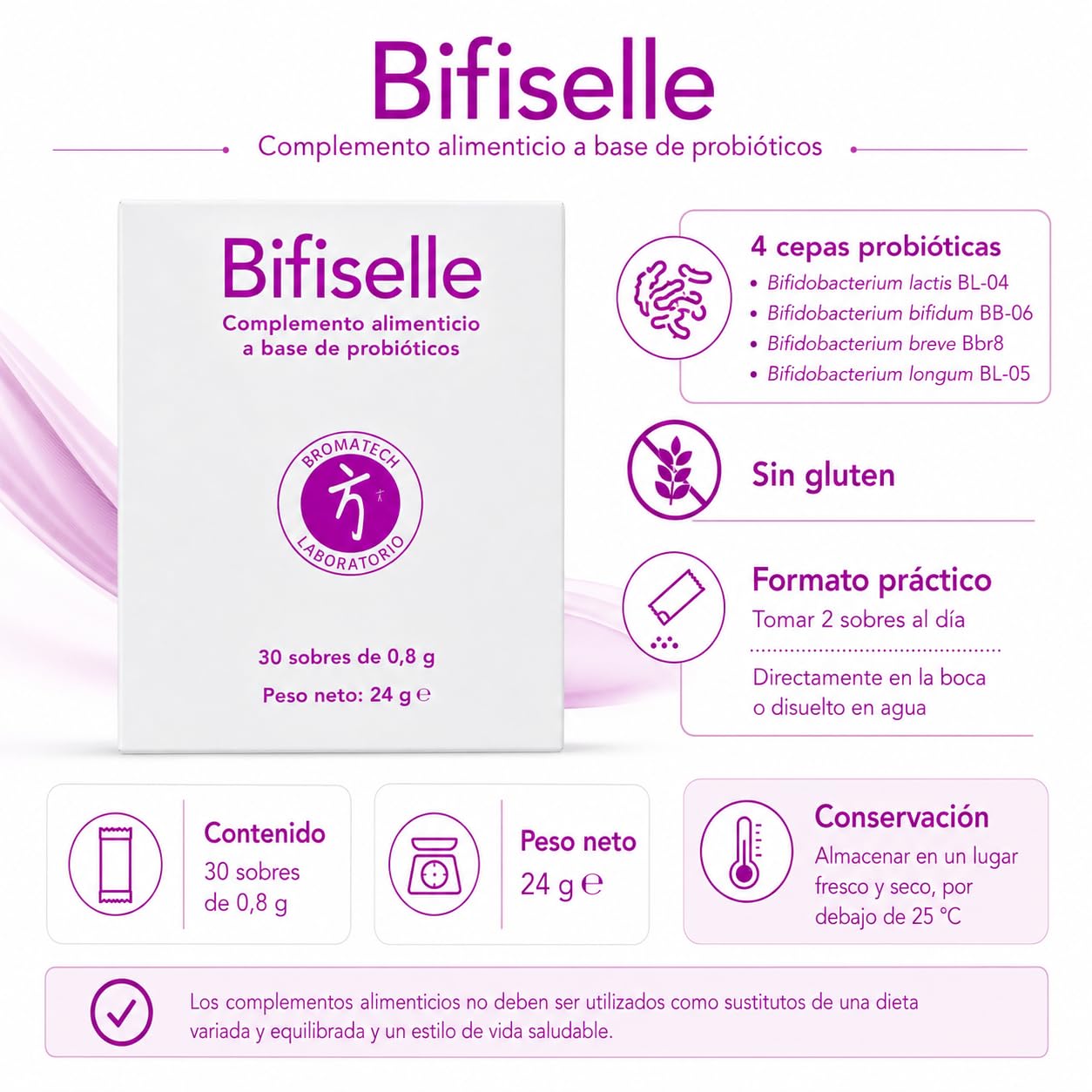 Bromatech Bifiselle 30 Sobres - 4 Cepas de Bifidobacterias para la Flora Intestinal y el Colon - Alivio de Gases, Hinchazón y Digestión Pesada - Probiótico en Sobres - Polvo de Fácil Disolución