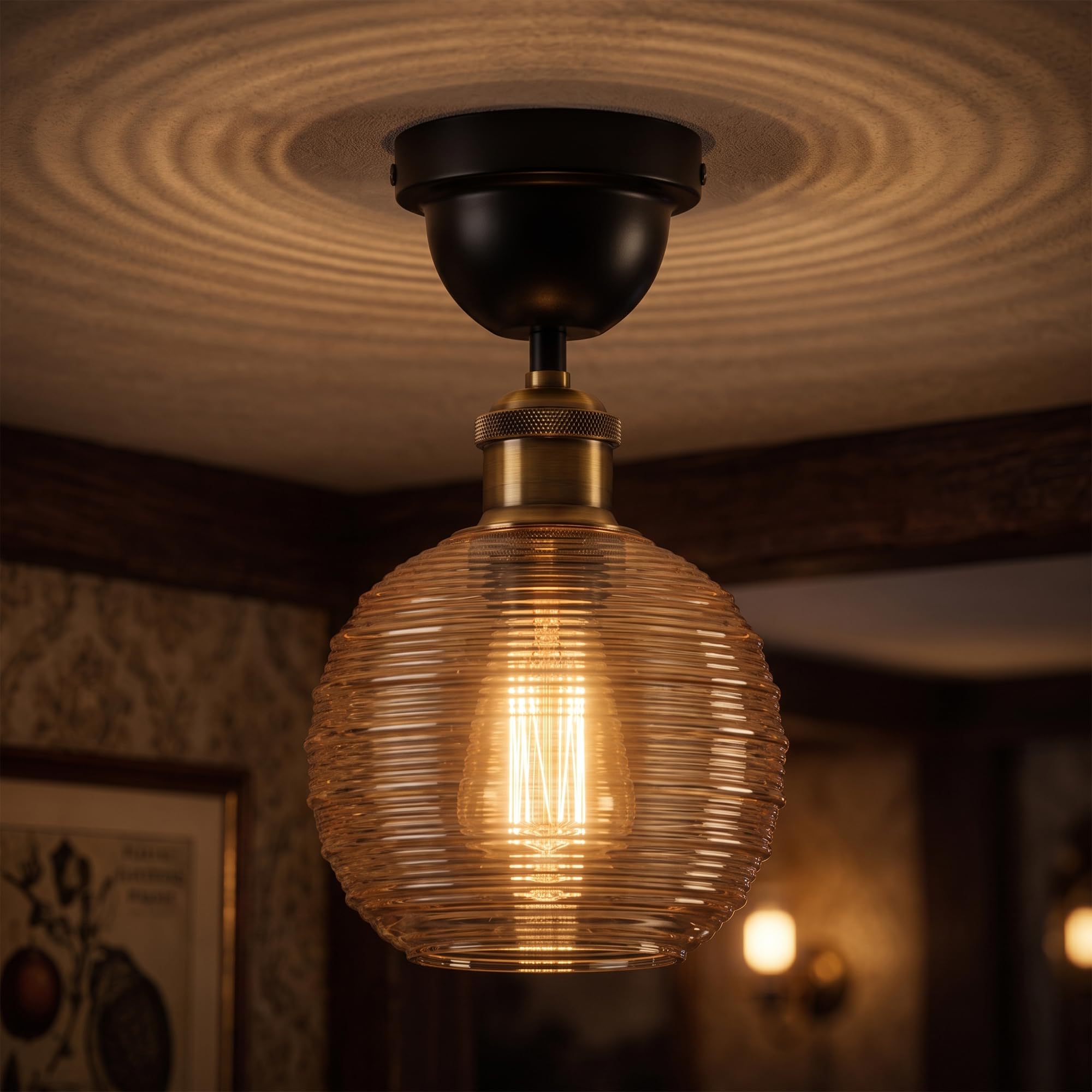 LEDSone Industrial Amber Glass Globe Ceiling Light Semi Flush Pendant Light Fitting Striped Glass Farmhouse Ceiling Lamp for Kitchen, Bedroom, Hallway, Dining Room & Living Room
