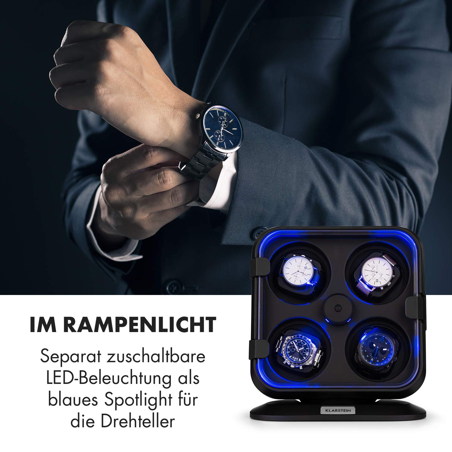 Klarstein Uhrenbeweger für 4 Uhren, Automatik für Damen & Herren, für Automatikuhren, Leiser Automatischer, Watch Winder Mit LED-Beleuchtung, 3 Rotationen