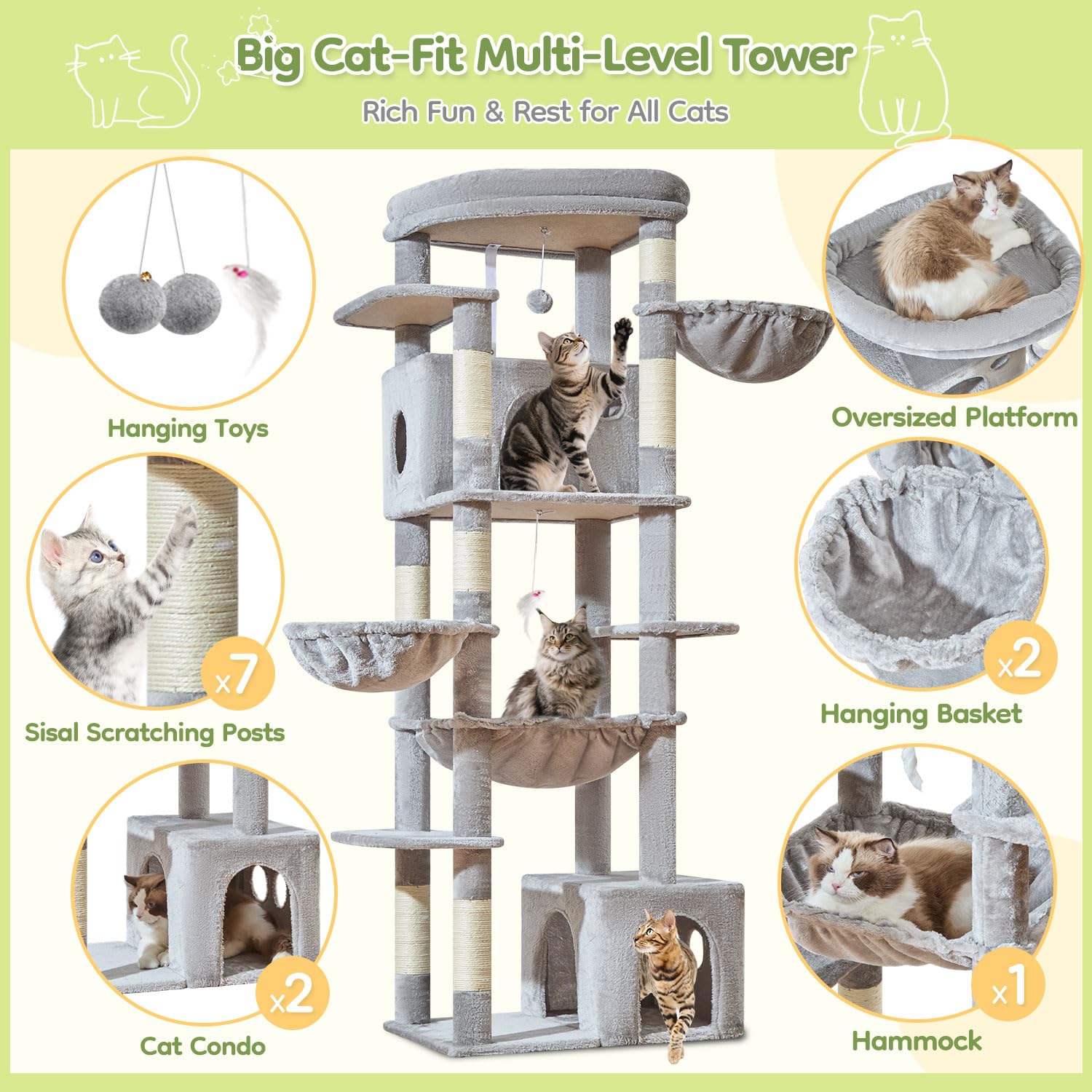 Taoqimiao 72 Inch Cat Tree, XXL Cat Tower for Indoor Cats Large Adult 25Lbs+, Extra-Large Platform, 2 Cat Houses, 7 Scratching Post, Extra-Sized Durable Hammock, Cozy Basket, Smoky Gray, F20G: Light Gray