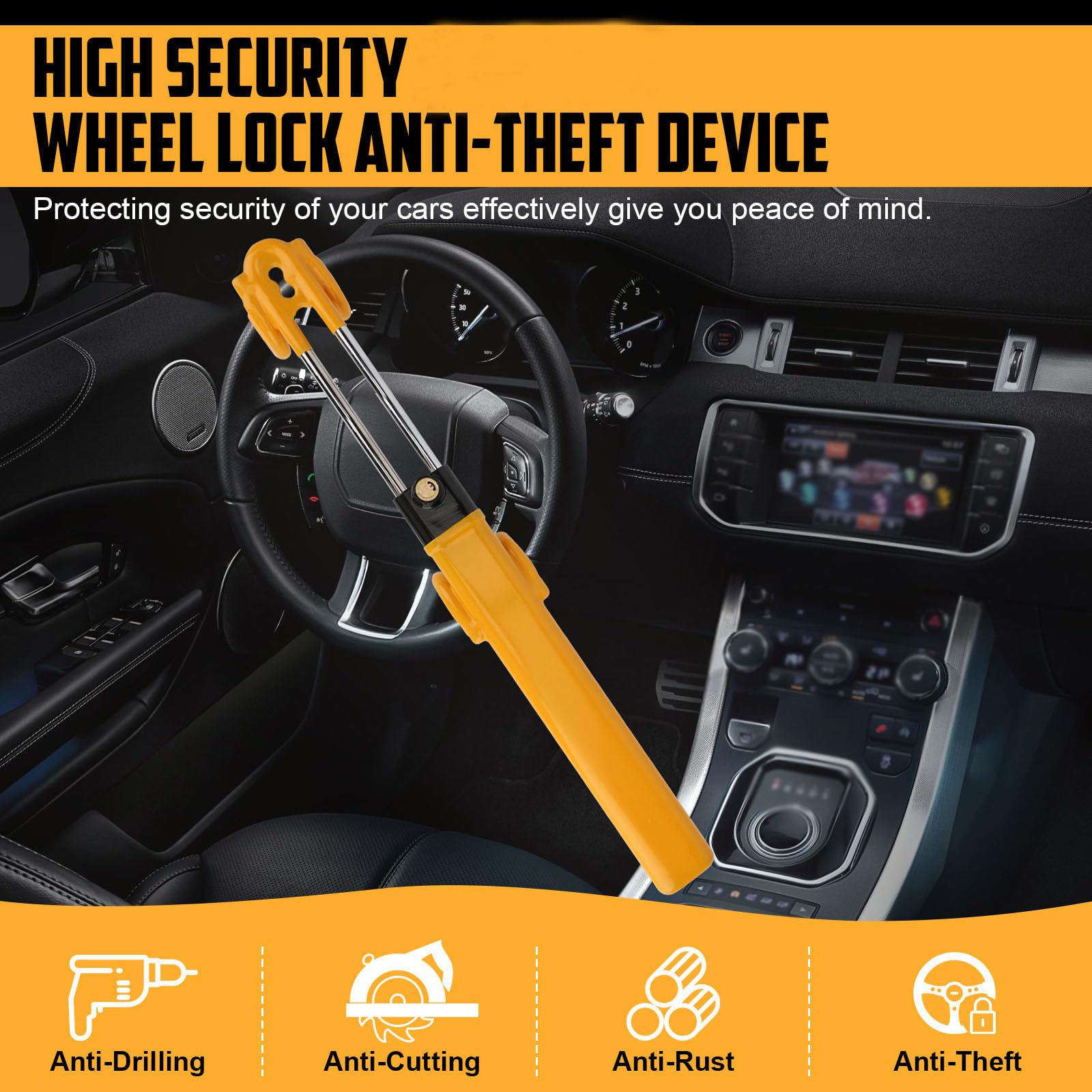 TIPHOPE Car Steering Lock Anti-Theft Device Heavy Duty Car Wheel Lock Adjustable Length Universal Car Security Lock Fit for 8-12.5”Wheel Car Truck SUV Van-2 Year Warranty