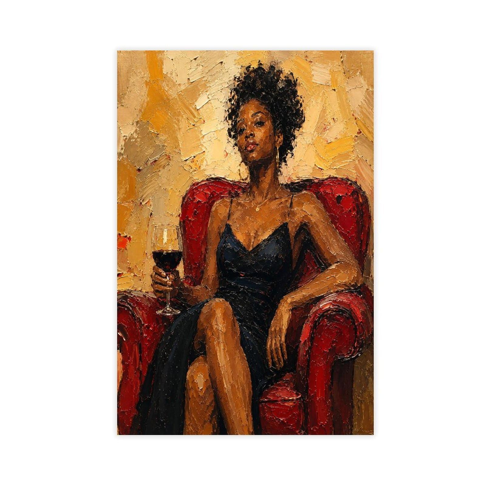 W7c8u2x3 Unframe-Style-14 Black Woman With Wine Canvas Wall Art, Red Chair Living Room