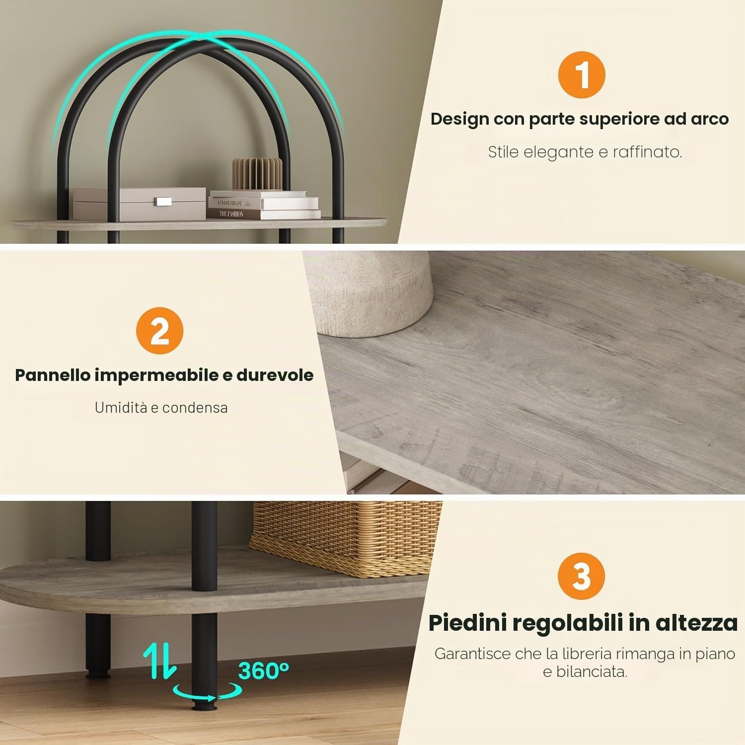 Libreria a 5 ripiani, alta ad arco, 80 x 30 x 180 cm, con struttura in metallo, moderna espositore con piedini regolabili, scaffale aperto autoportante per camera da letto, soggiorno, nero+grigio