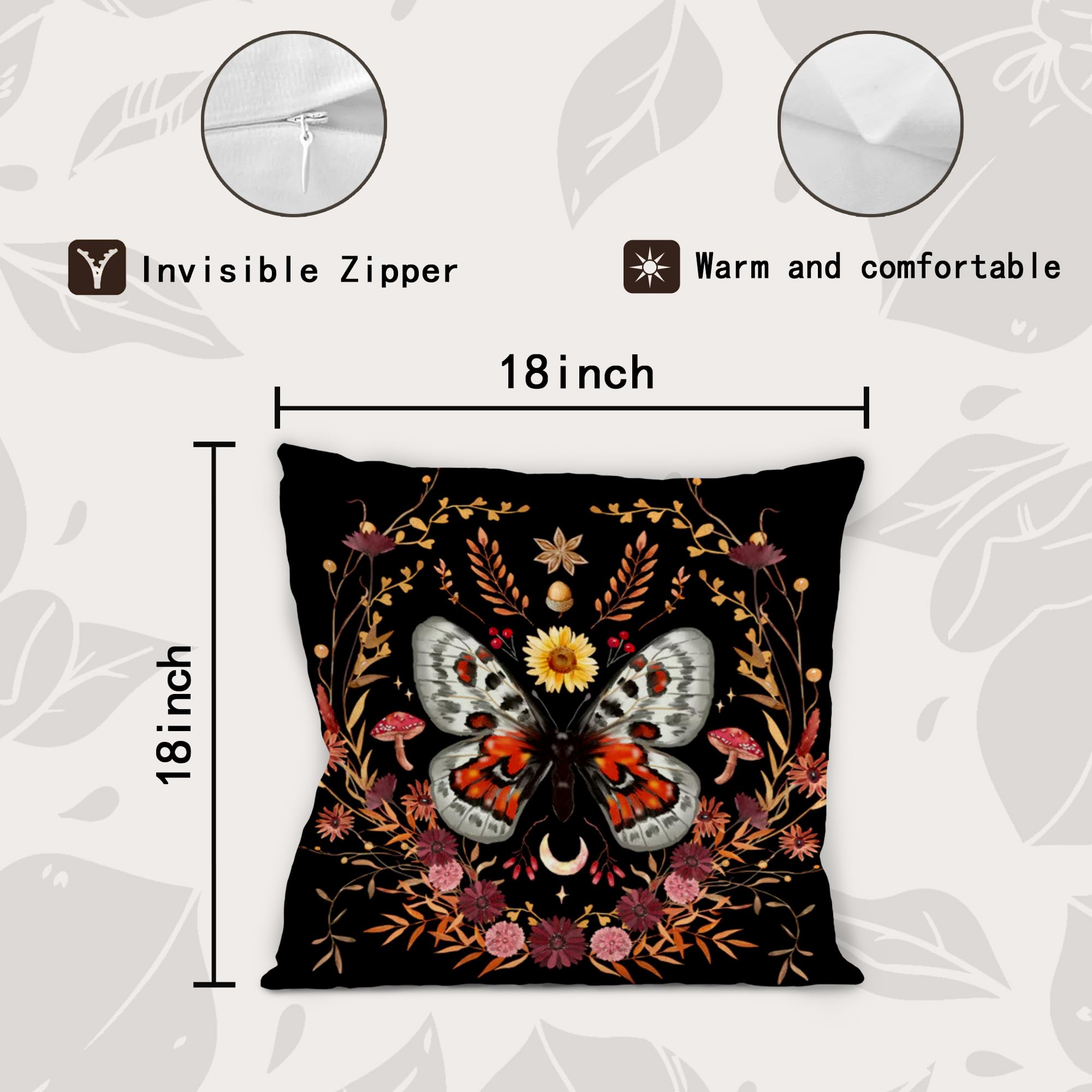 LUVADIAN Reversible Goth Luna Moth & Mushroom Pillow Cover - 18x18 Inch Flannel, Witchy Aesthetic Home Decor