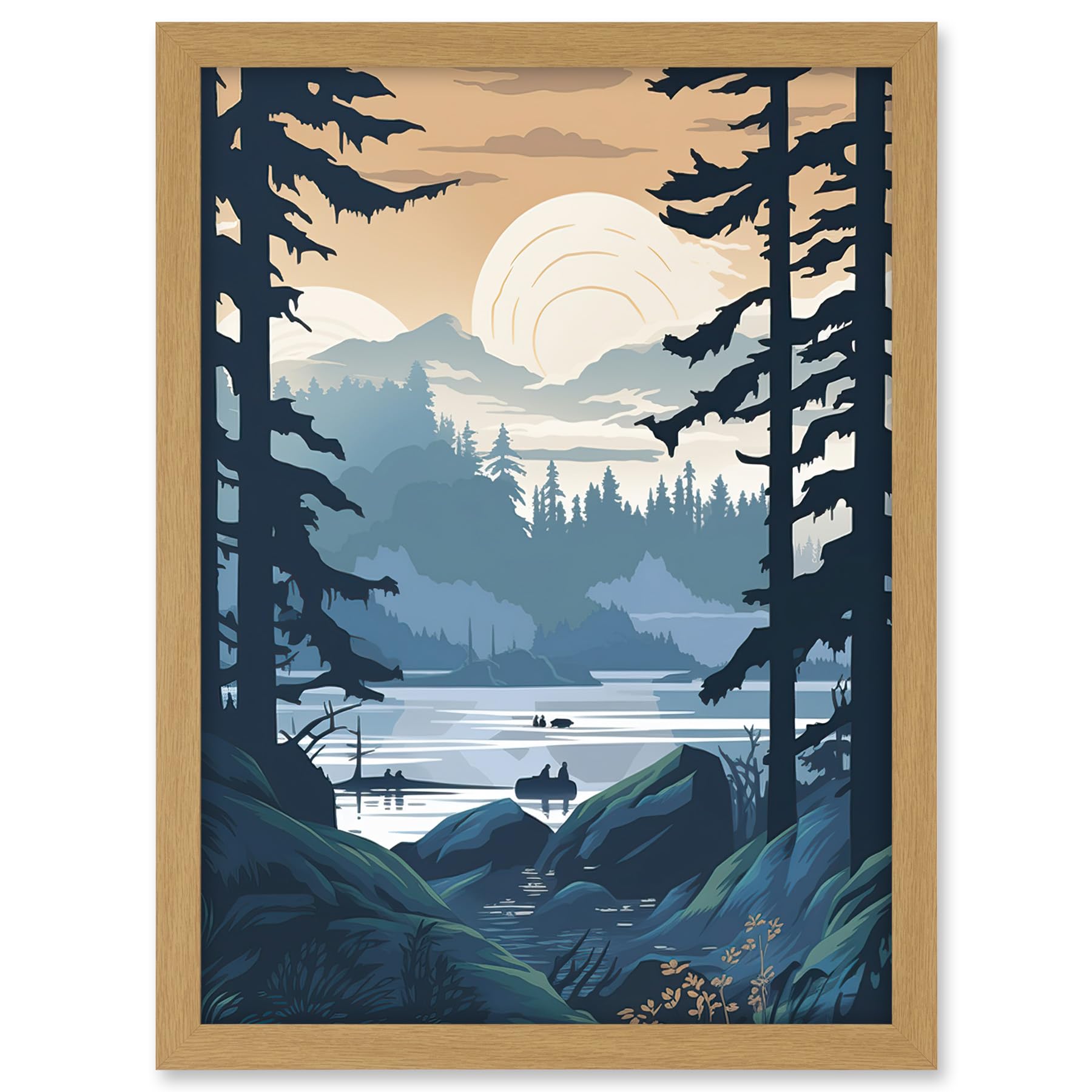 Artery8 Lake View in Rainforest Landscape Illustration Artwork Framed A3 Wall Art Print