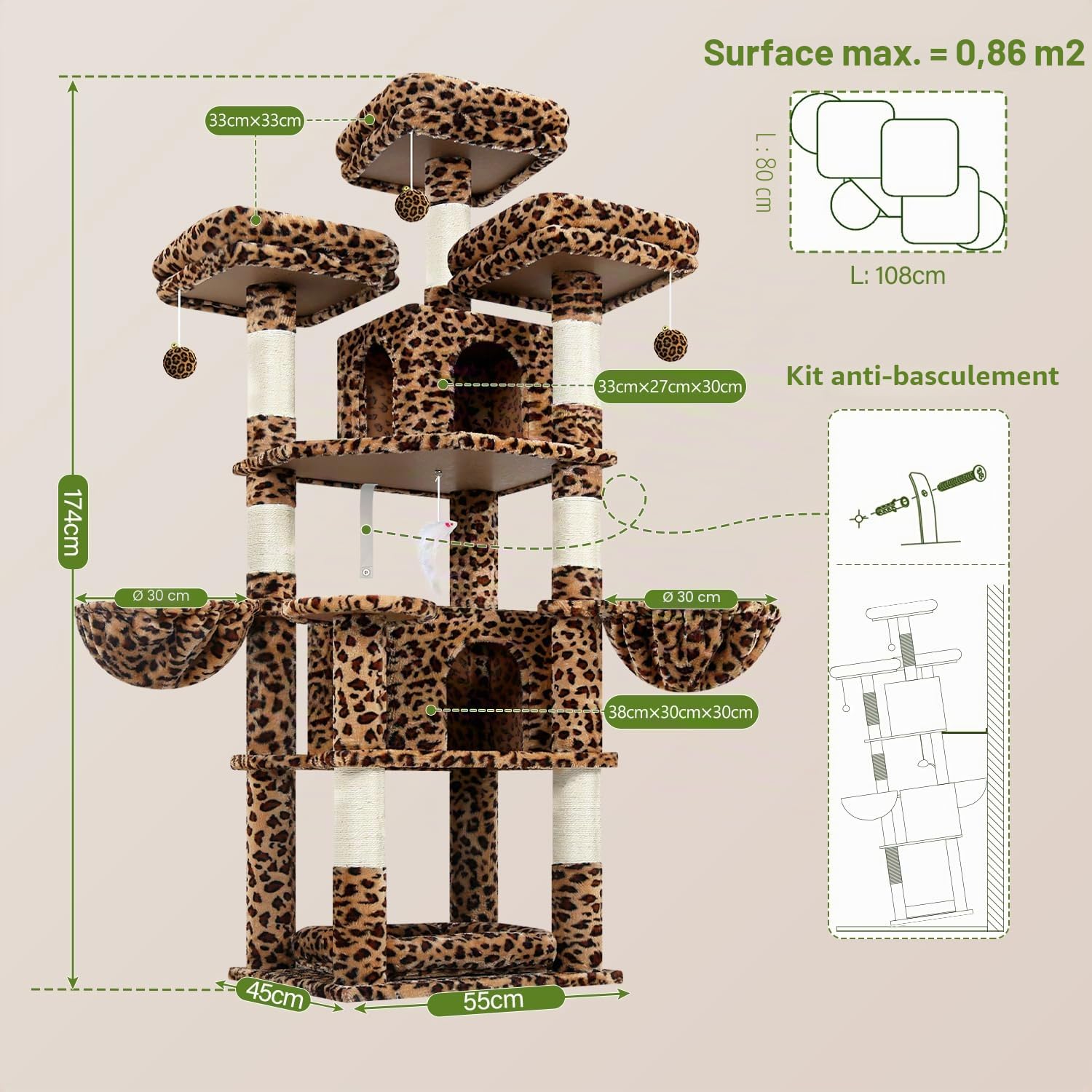 Globlazer Arbre a Chat Léopard 174 cm avec 3 Perchoirs Rembourrés, 2 Niches, 2 Paniers, Amovible Chouchou Lit, Poteau en Sisal, Stable Château Arbres a Chats pour 2-4 Chats Intérieur (F68B, Léopard)