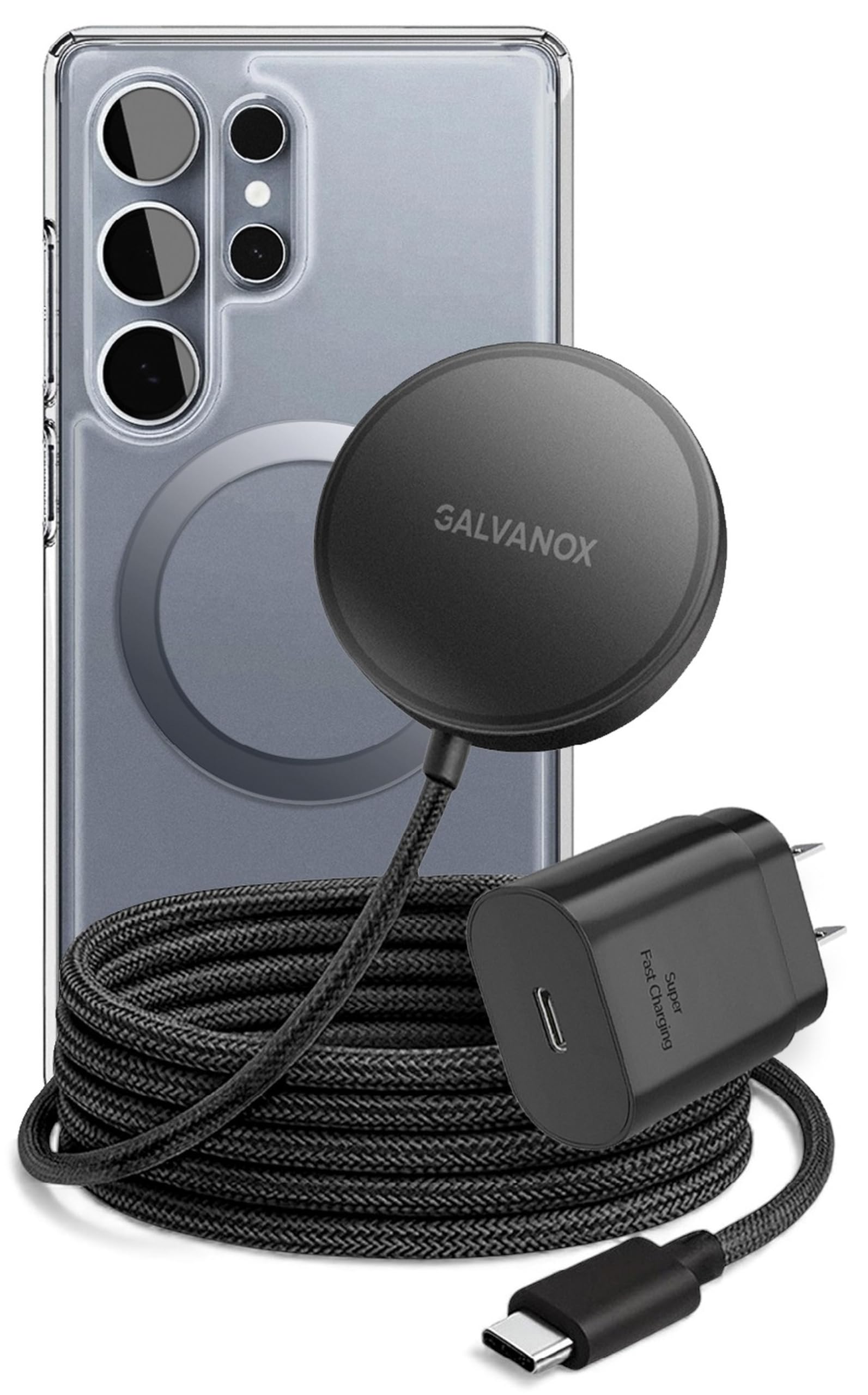 A Samsung Galaxy phone with a clear case, showing the Galvanox magnetic wireless charger attached to its back, demonstrating the magnetic alignment.