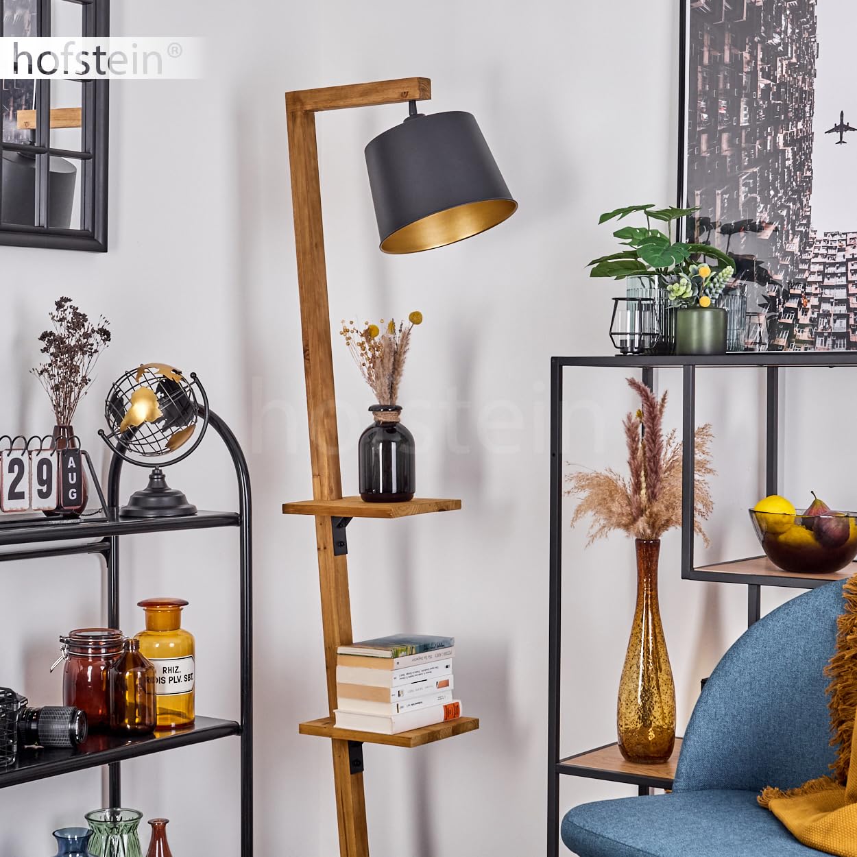 Stehleuchte Baval, moderne Stehlampe aus Metall/Holz in Schwarz/Natur/Goldfarben, Standlampe m. verstellbarem Schirm, Fußschalter am Kabel u. Ablageflächen, Höhe 164 cm, 1 x E27, ohne Leuchtmittel
