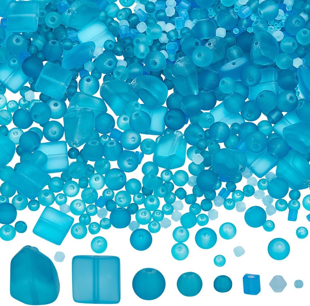 1 Box 1300Pcs 8 Styles Matte Blue Bead Frosted Glass Beads Bulk Summer Sea Ocean Round Square Cube Rondelle Loose Small Spacers for Jewelry Making Friendship Bracelet Necklace DIY Crafts
