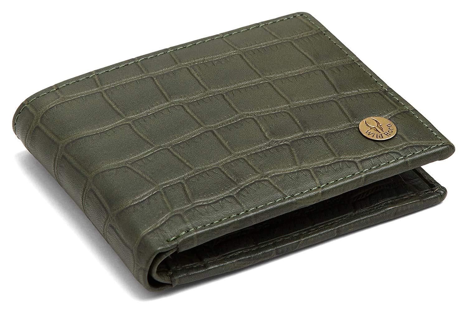 WILDHORNOlive Leather Men's Wallet (WH2050), GREEN CROCO, Classic