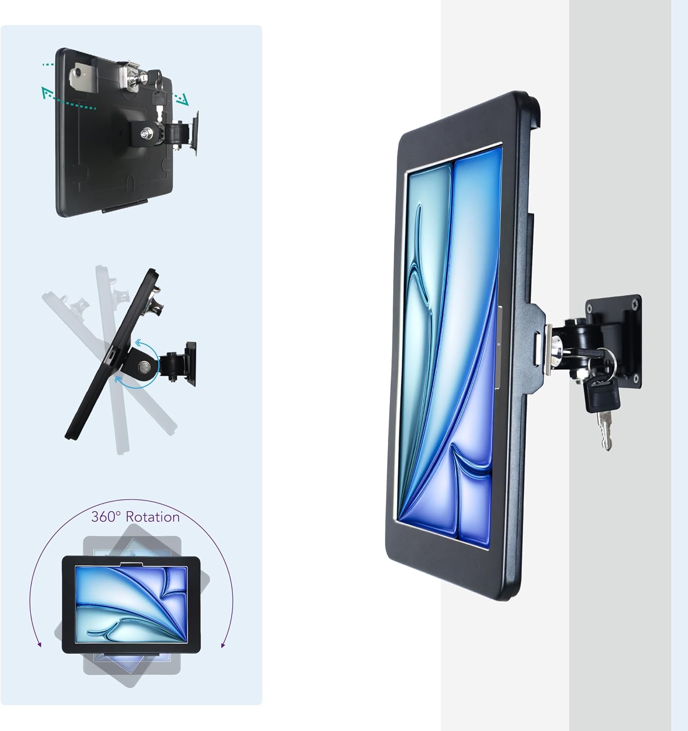 On Wall Mount Bracket for iPad Air 11-inch M3 2025 & M2 2024,(iPad Air 7th/6th Generation),Excluding Other 11",with Lock &Key,Multi Angle Design,Metal,(Black)