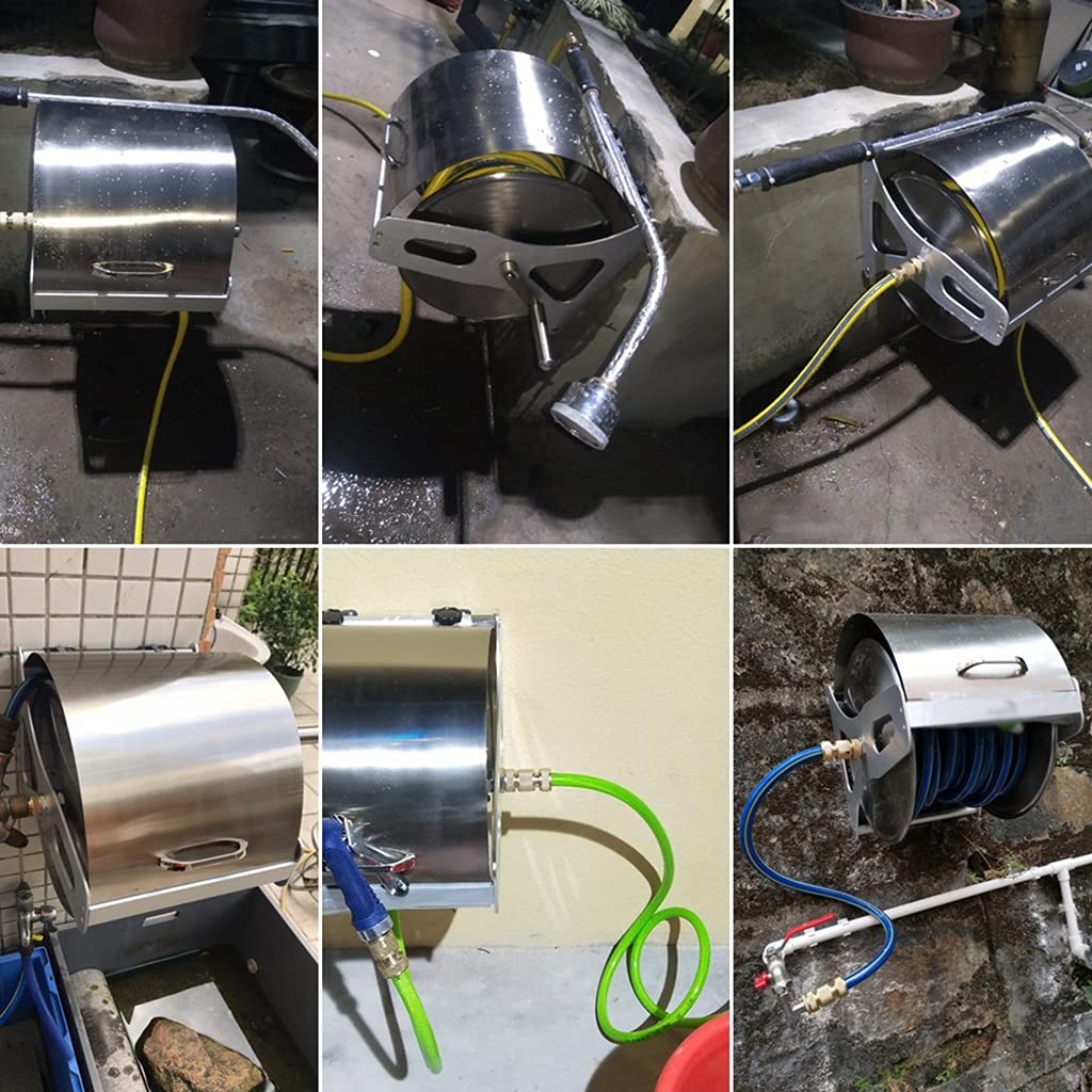 Carro portamangueras de jardín con Manguera, Soporte de Acero Inoxidable para mangueras de Agua con Tapa para Lavado de Coches y hogar, Organizador de mangueras para Pistolas de riego de Mon