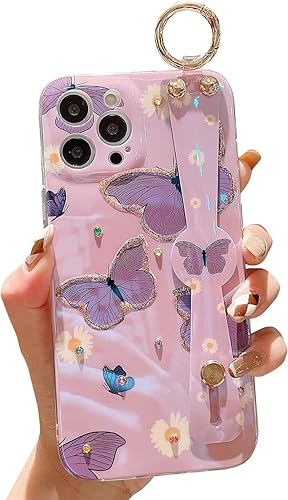 Funda para iPhone 15 Pro Max linda con correa de muñeca con función atril con purpurina de dibujos animados IMD silicona TPU a prueba de golpes