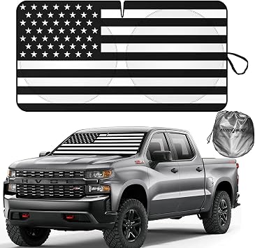 Windshield Sun Shade with American Flag Design,1-Piece Foldable Truck Sunshades for Front Windshield,Blocks UV Rays Visor Protector Car Shade Front Windshield for Truck,SUV,Vehicles Black and White