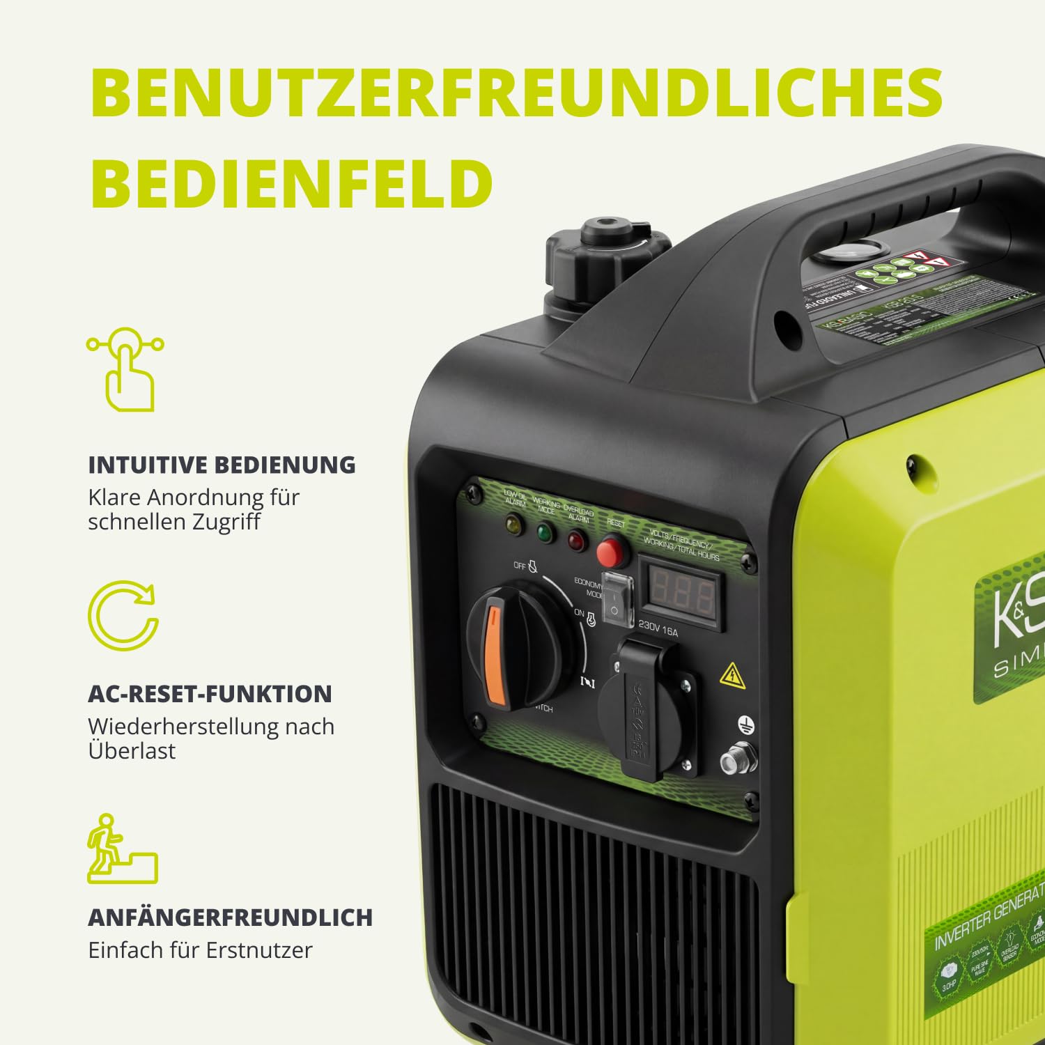K&S BASIC 20i S generator inwerterowy 2000 W, agregat prądotwórczy na benzynę, agregat prądotwórczy 230 V – czysta fala sinusoidalna, generator prądu z trybem ekologicznym, wyświetlacz LED, moc
