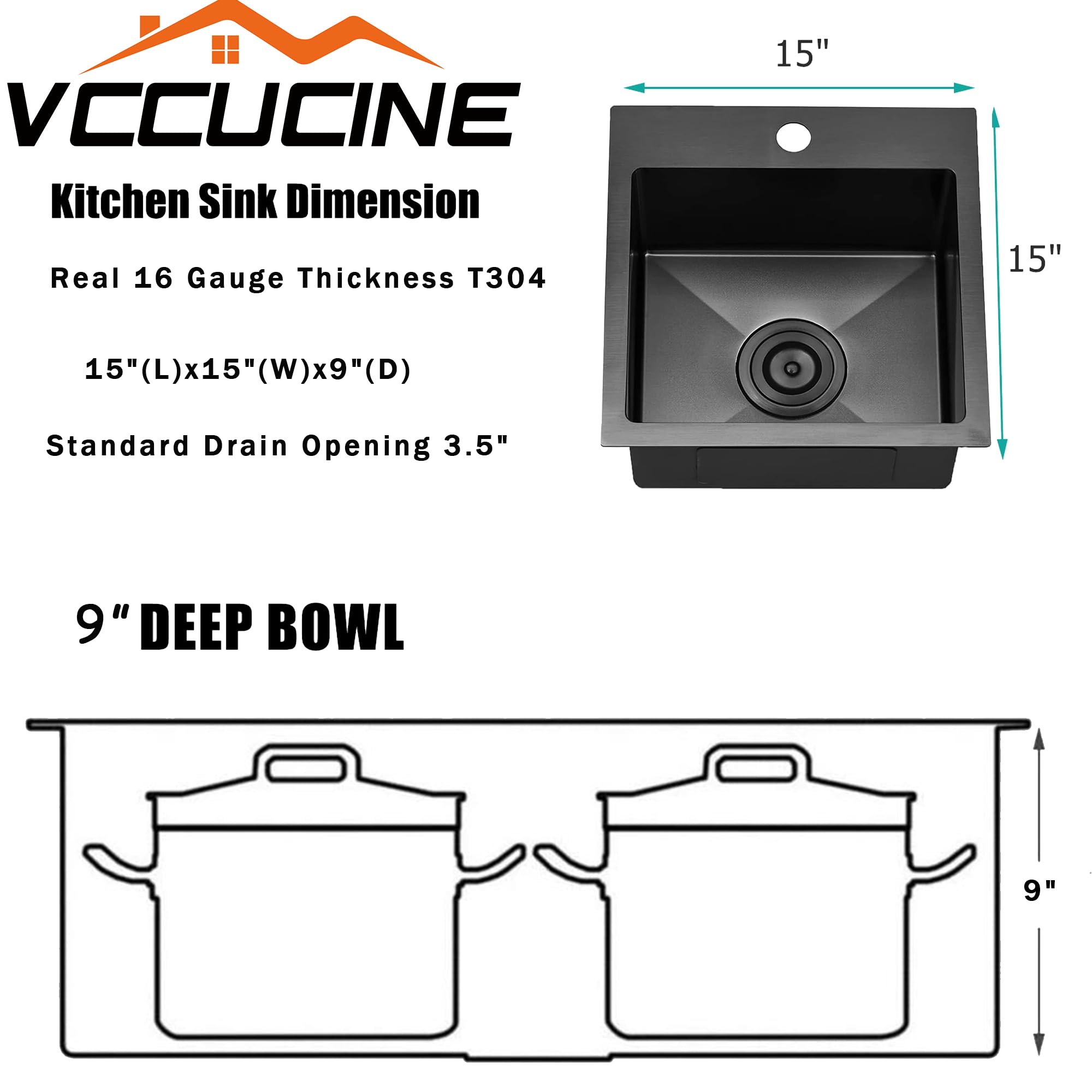 VCCUCINE 26" Drop-in Kitchen Sink - 16 Gauge Stainless Steel, Single Bowl, Brushed Nickel