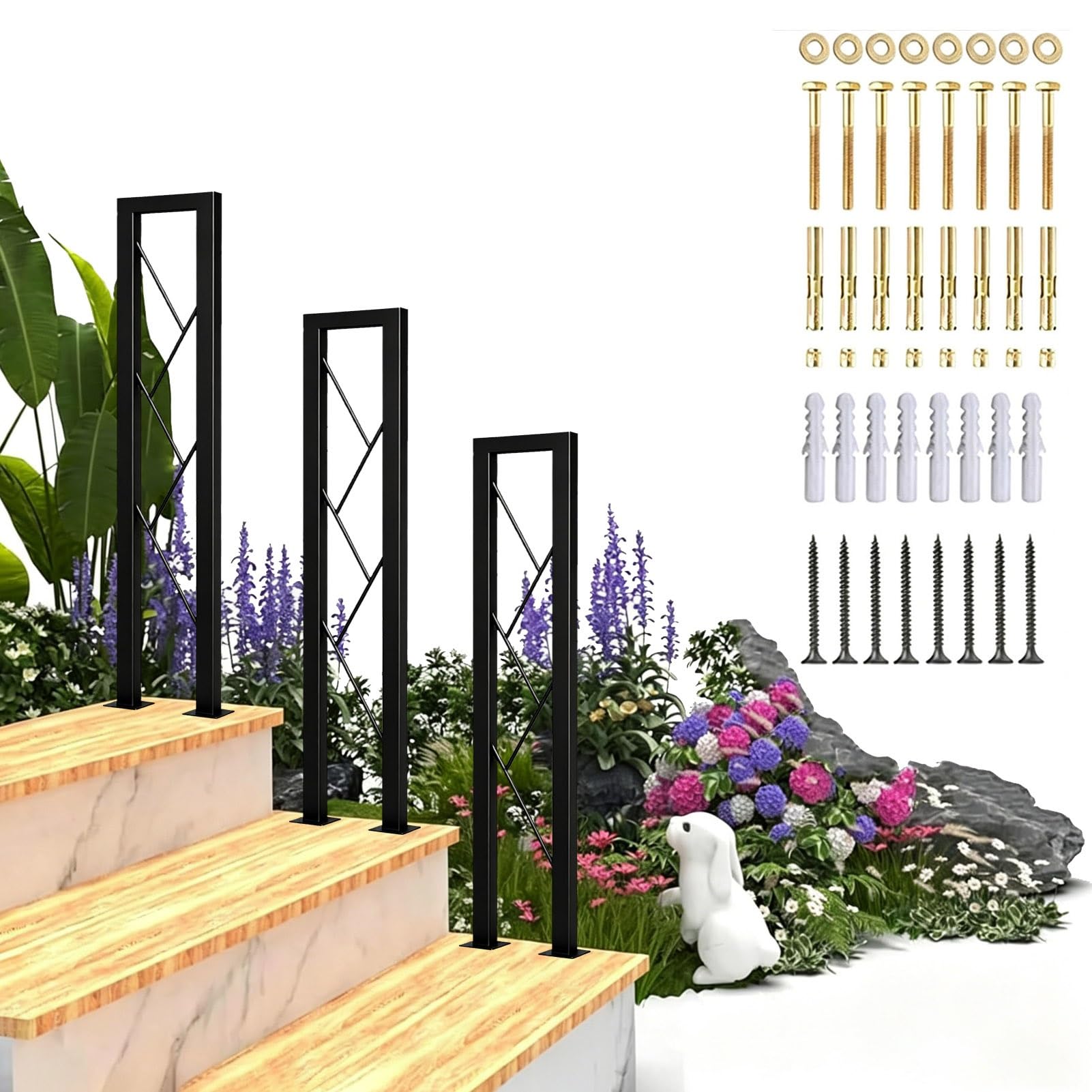 Outdoor Stair Railing Handrail U-Shaped Hand Rails for Concrete Steps or Wooden Stairs Grab Rails, Floor Mount Porch Deck Handrail Fit 1 Steps