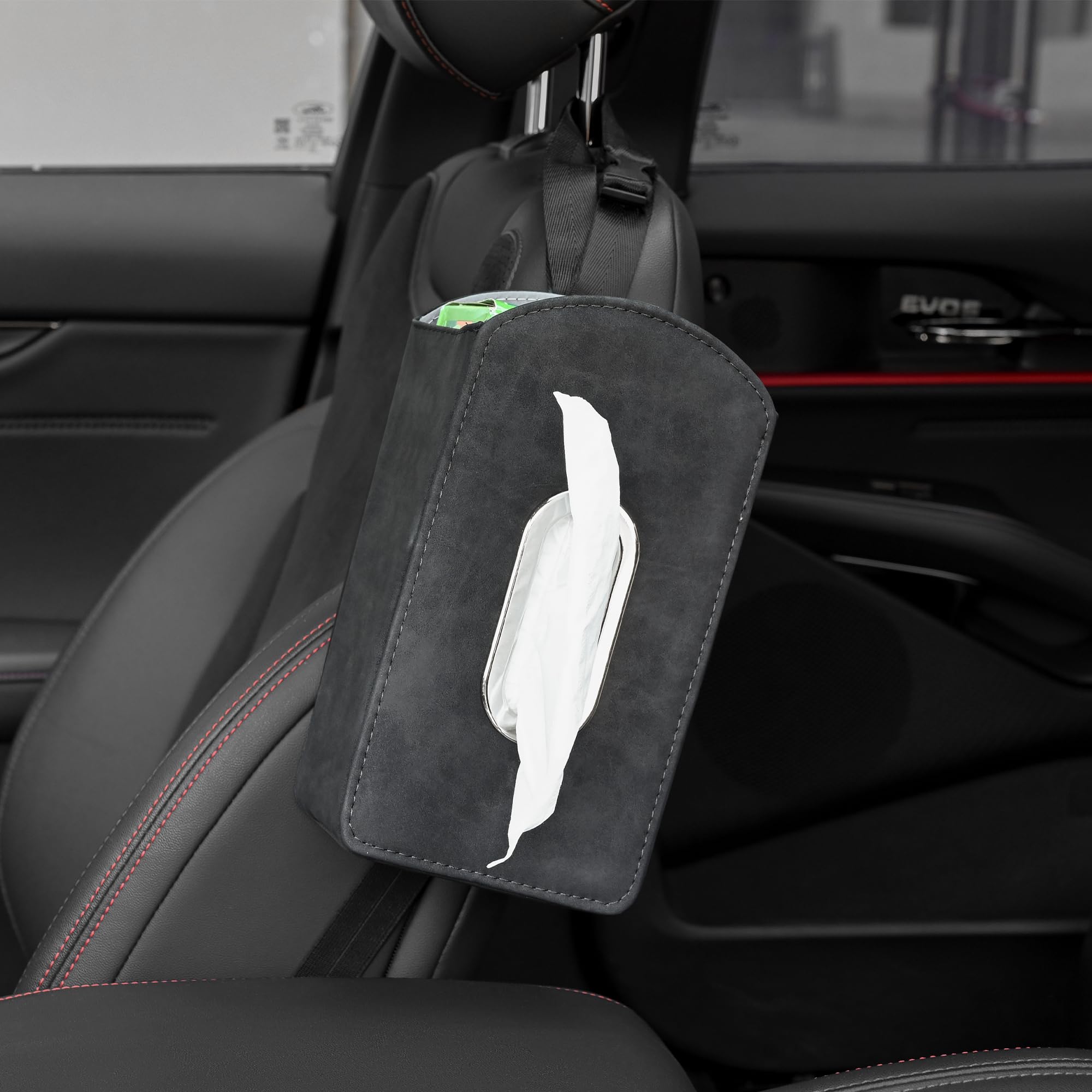 Qirc Suede Car Seat Side Organizer Hanging Tissue Holder, Truck Organizer for 120 Tissues, Water Cup, Phone, Card, SUV Tissue Dispenser Bag Storage Pocket (Black)