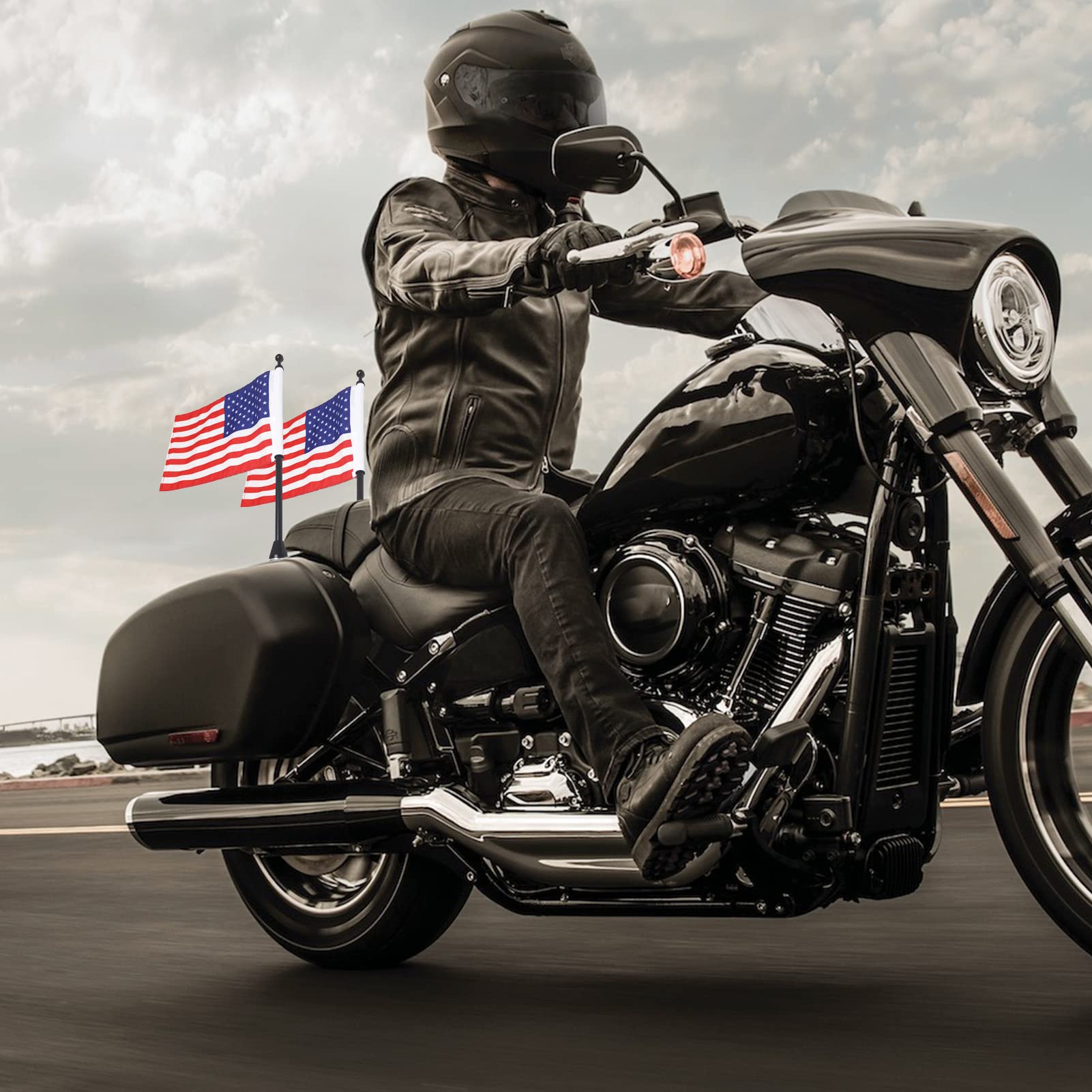 Bandiera Americana per Motocicletta Posteriore USA, Supporto Bandiera Nera, Bandiera Doppia Faccia, Portapacchi Rotondo