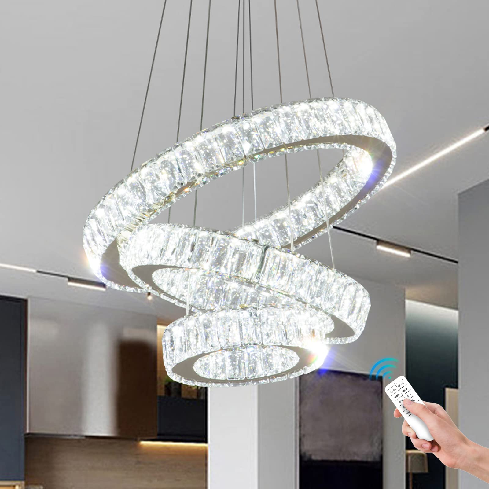 Photo 1 of FRIXCHUR Dimmable Modern LED Chandelier 3 Ring Pendant Light Crystal Chandelier for Dining Room Living Room Bedroom,3 Colors Adjustable