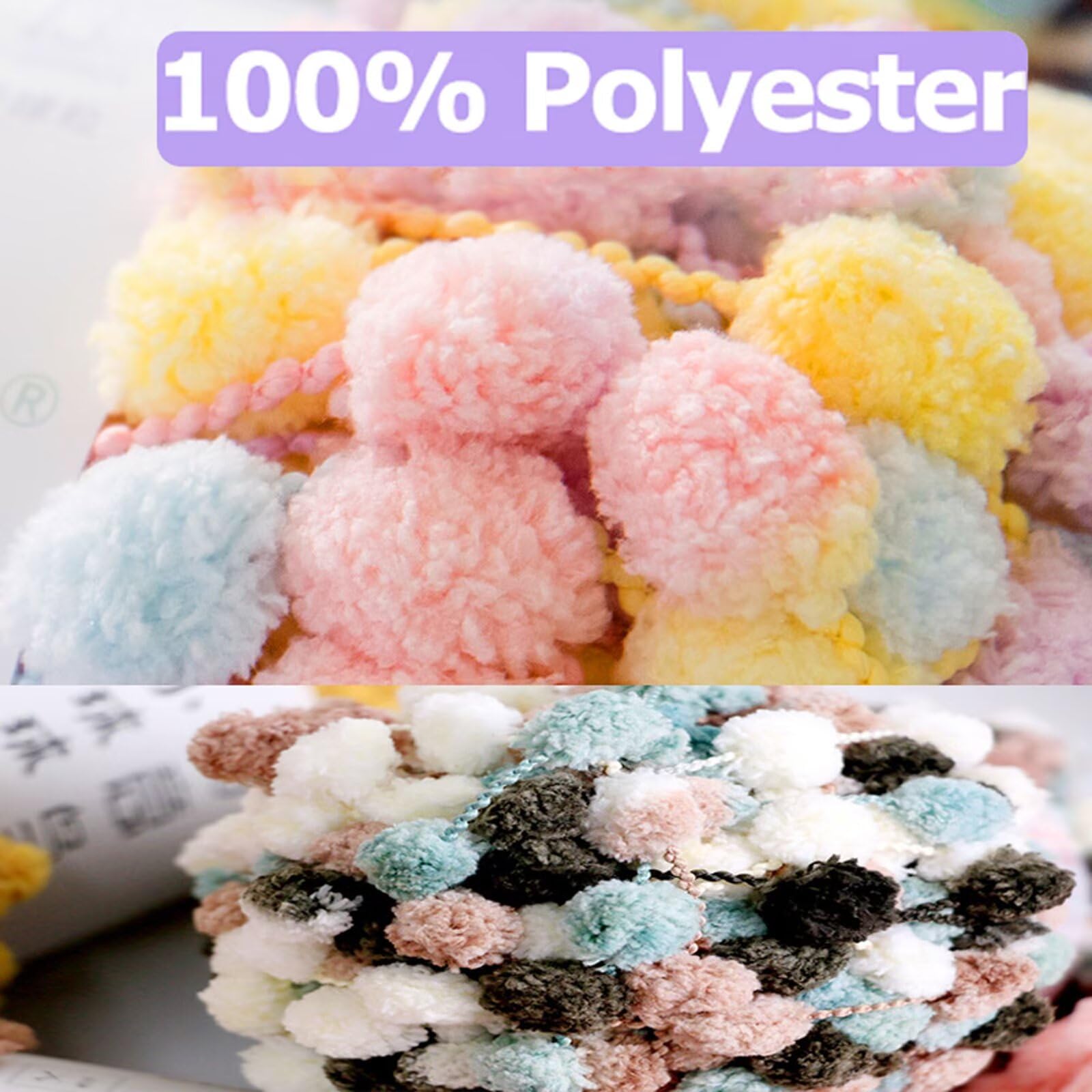 Fil à tricoter à la main avec pompons en grosse laine 100% polyester, idéal pour couvertures, écharpes et coussins. Pompons de 16 mm de diamètre. Aiguilles circulaires,100 g par pelote, 30 m