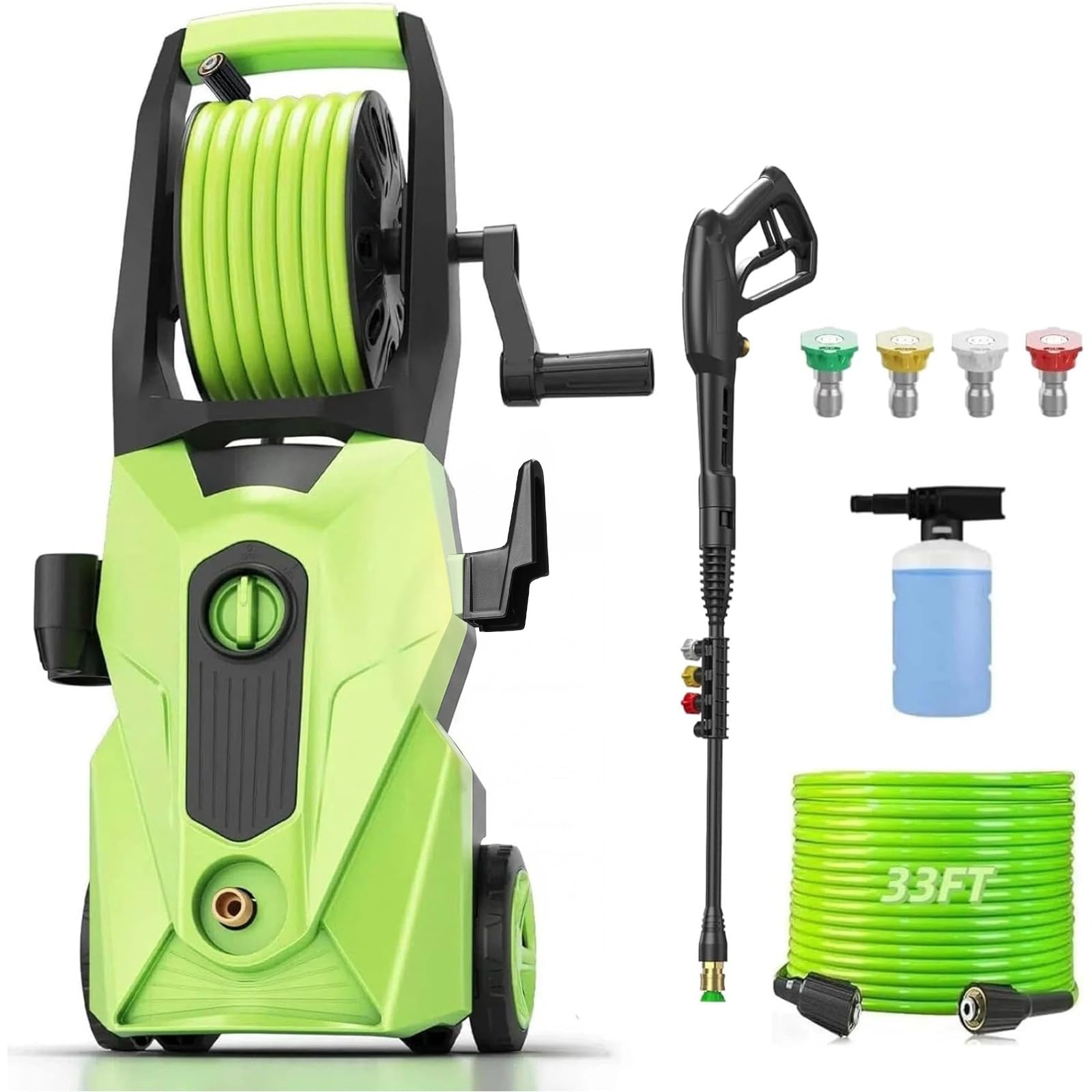 Limpiador a presión de 5000 PSI, limpiadores de alta potencia con manguera de presión de 33 pies, 4 boquillas y cañón de espuma, para el hogar, coches, vallas, patio (verde claro)
